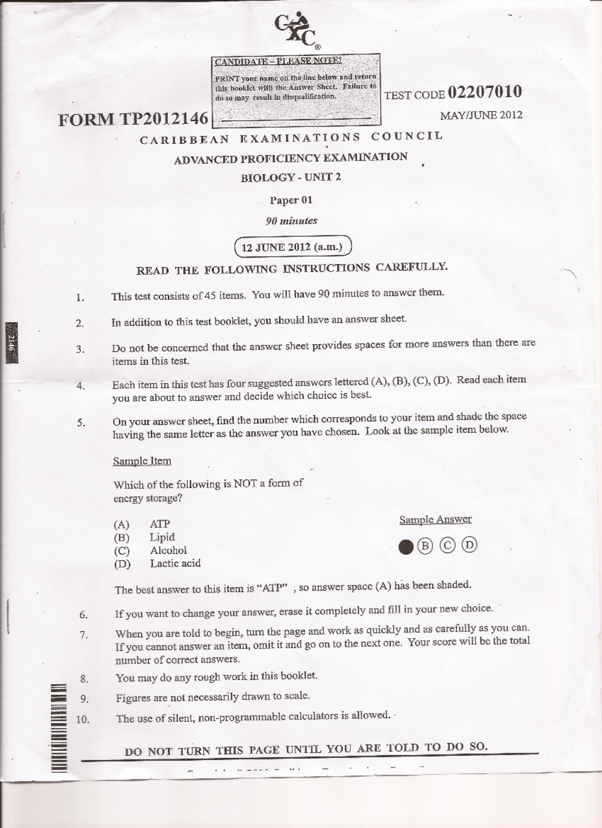 CAPE Biology 2012 Unit 2 Paper 1 Solutions and Instructions - Studocu