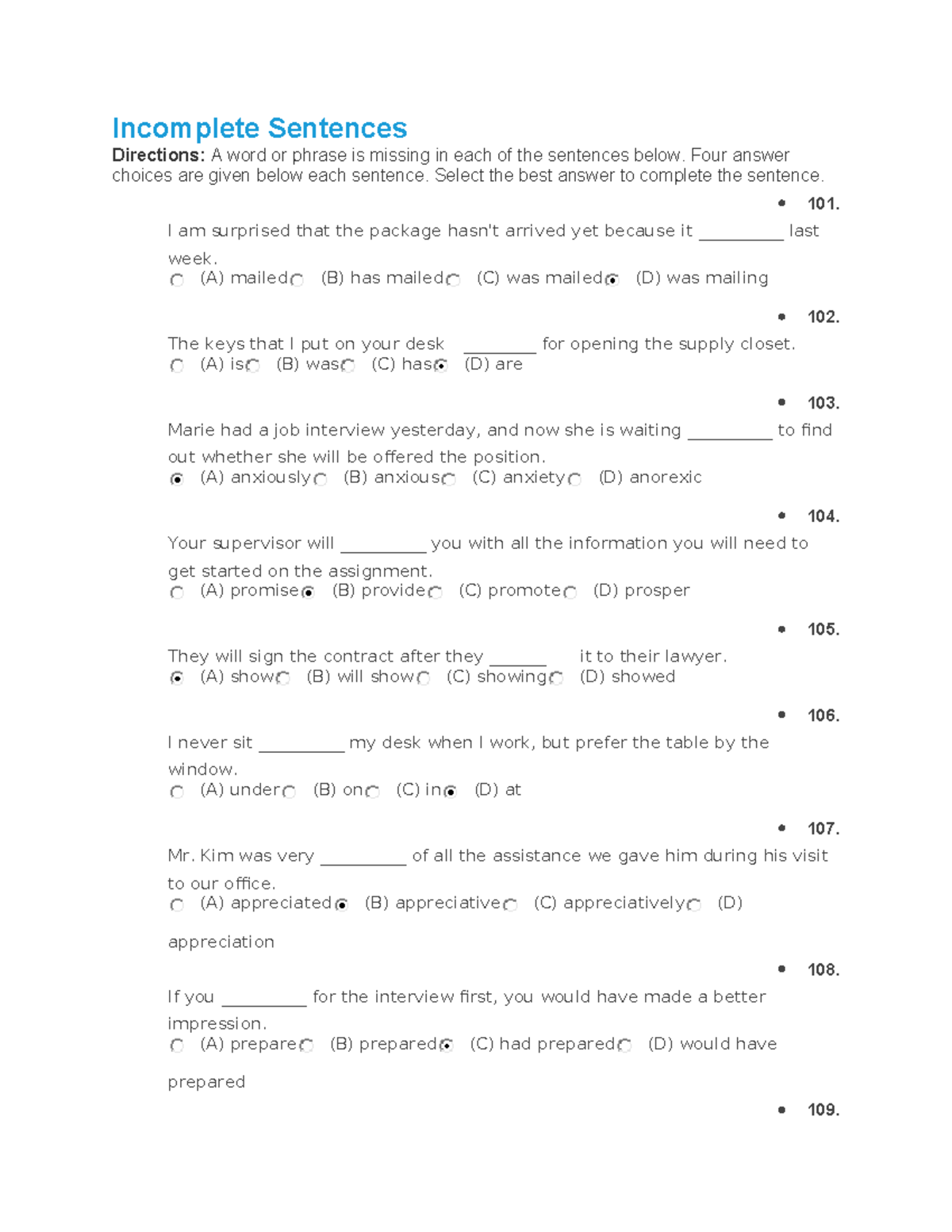 Incomplete Sentences - jiejk - Incomplete Sentences Directions: A word ...