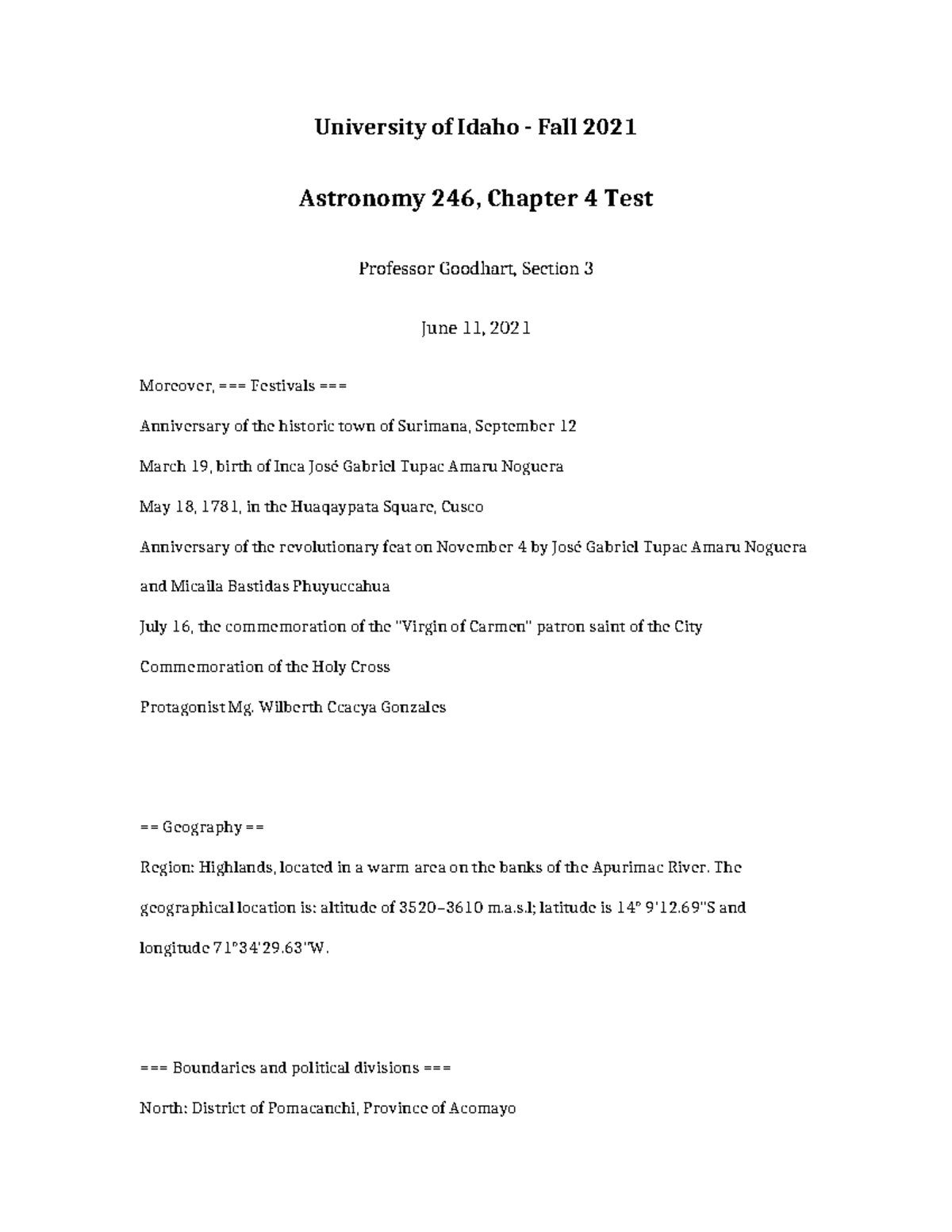 Astronomy 246 Chapter 4 TEST - University of Idaho - Fall 2021 ...