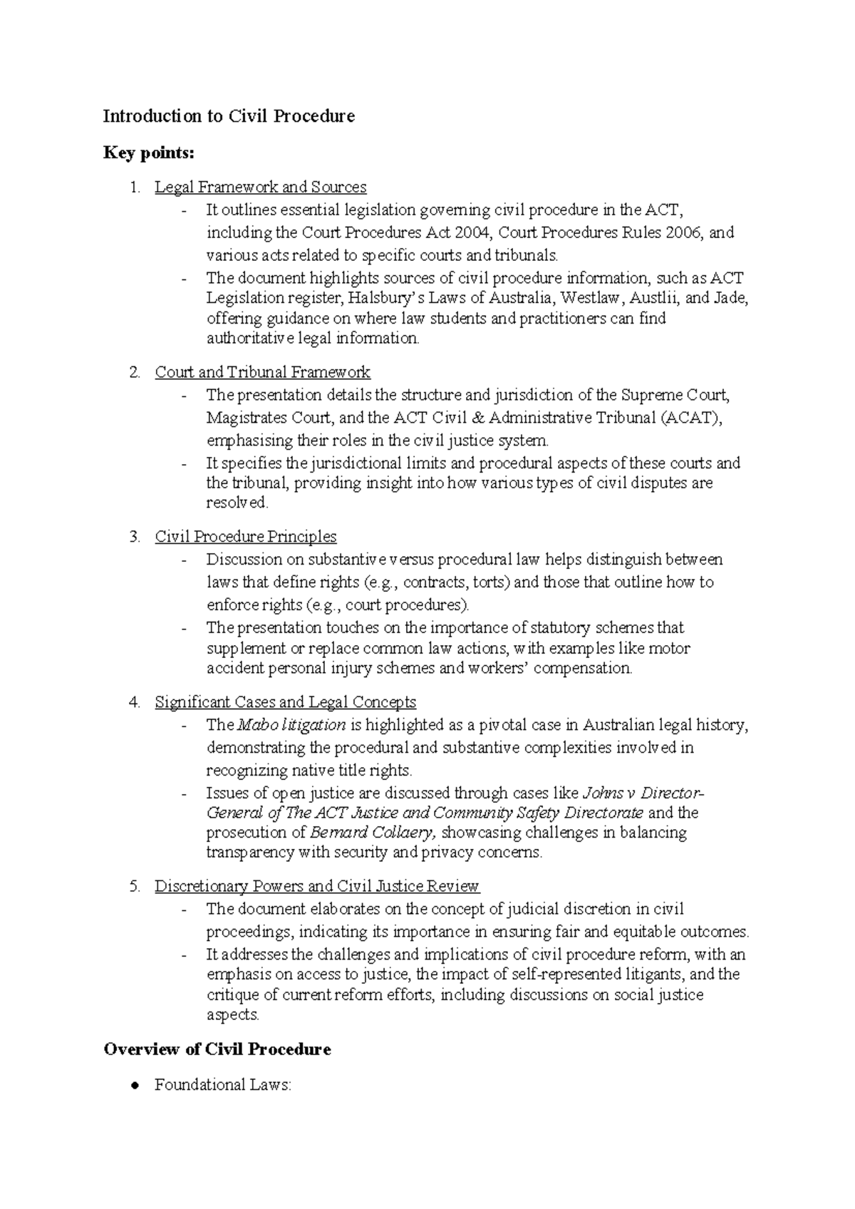 Summarised notes - (week 1- week 11) - Introduction to Civil Procedure ...