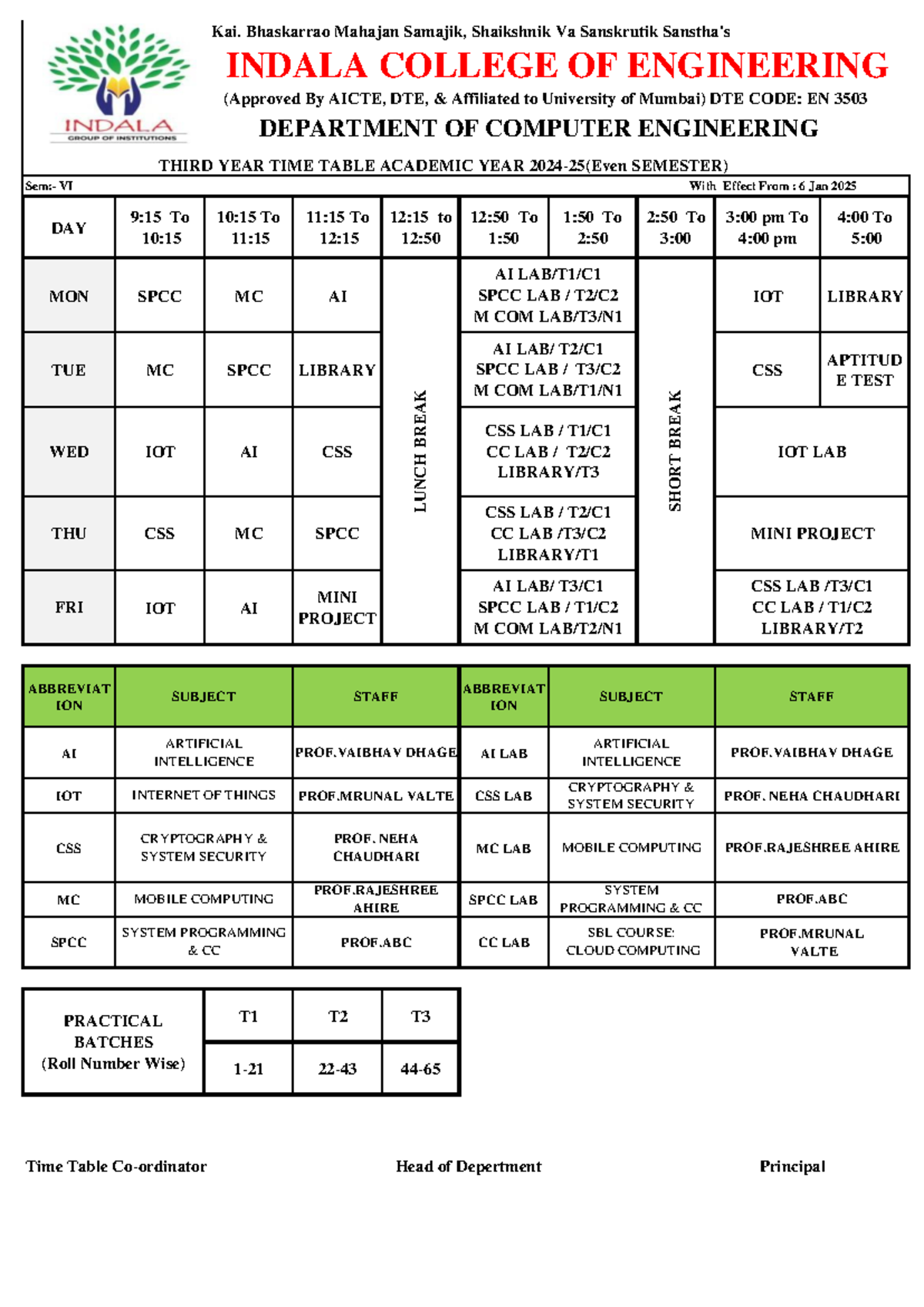Timetable te comp even sem - THIRD YEAR TIME TABLE ACADEMIC YEAR 2024 ...