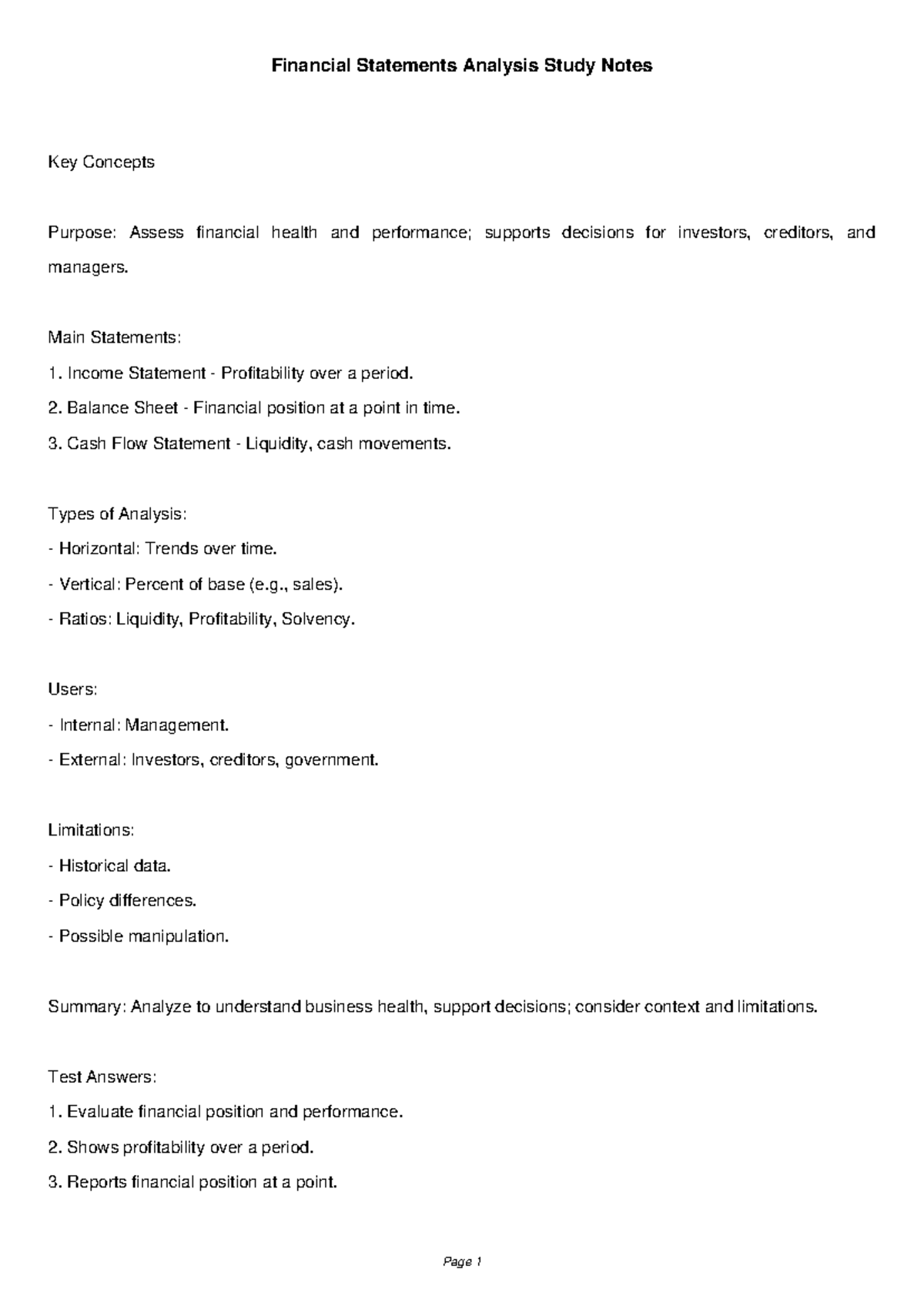 Financial Statements Analysis Study Notes: Key Concepts & Users - Studocu