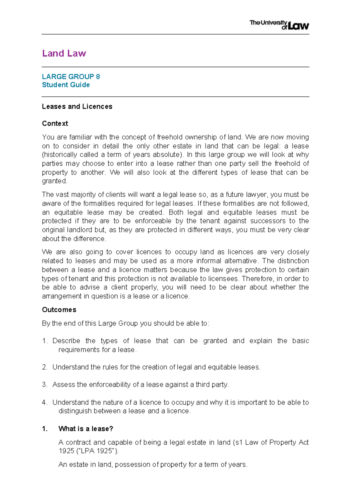Land Law LARGE GROUP 8: Guide to Leases & Licences - Studocu