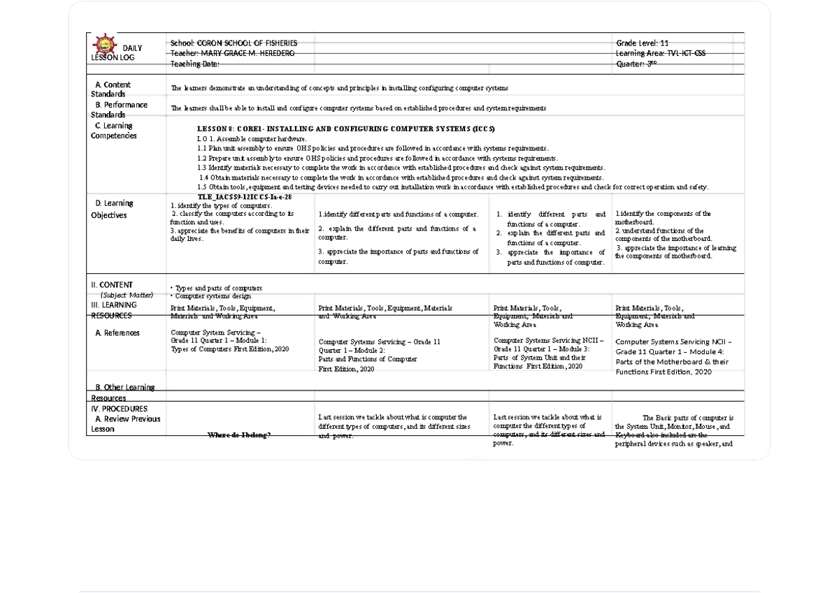 DAILY LESSON LOG: INSTALLING & CONFIGURING COMPUTER SYSTEMS (ICCS ...