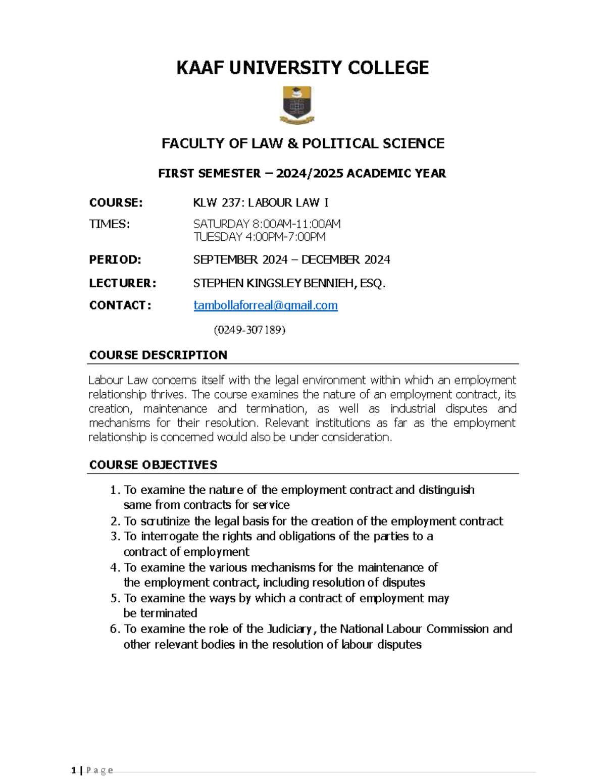 KLW 237: Labour Law I Course Outline for Academic Year 2024/2025 - Studocu