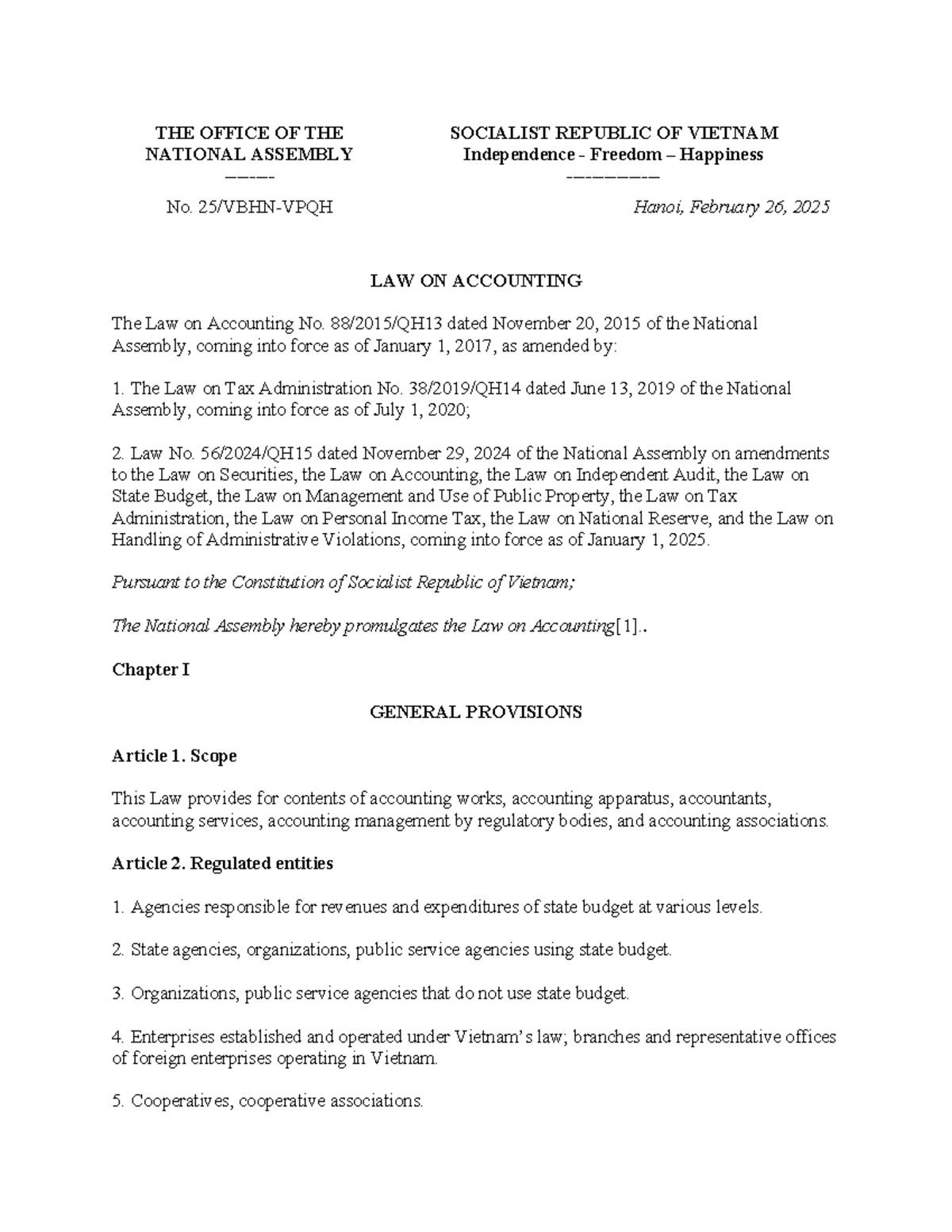 Law on Accounting - Socialist Republic of Vietnam (Doc No. 25) - Studocu