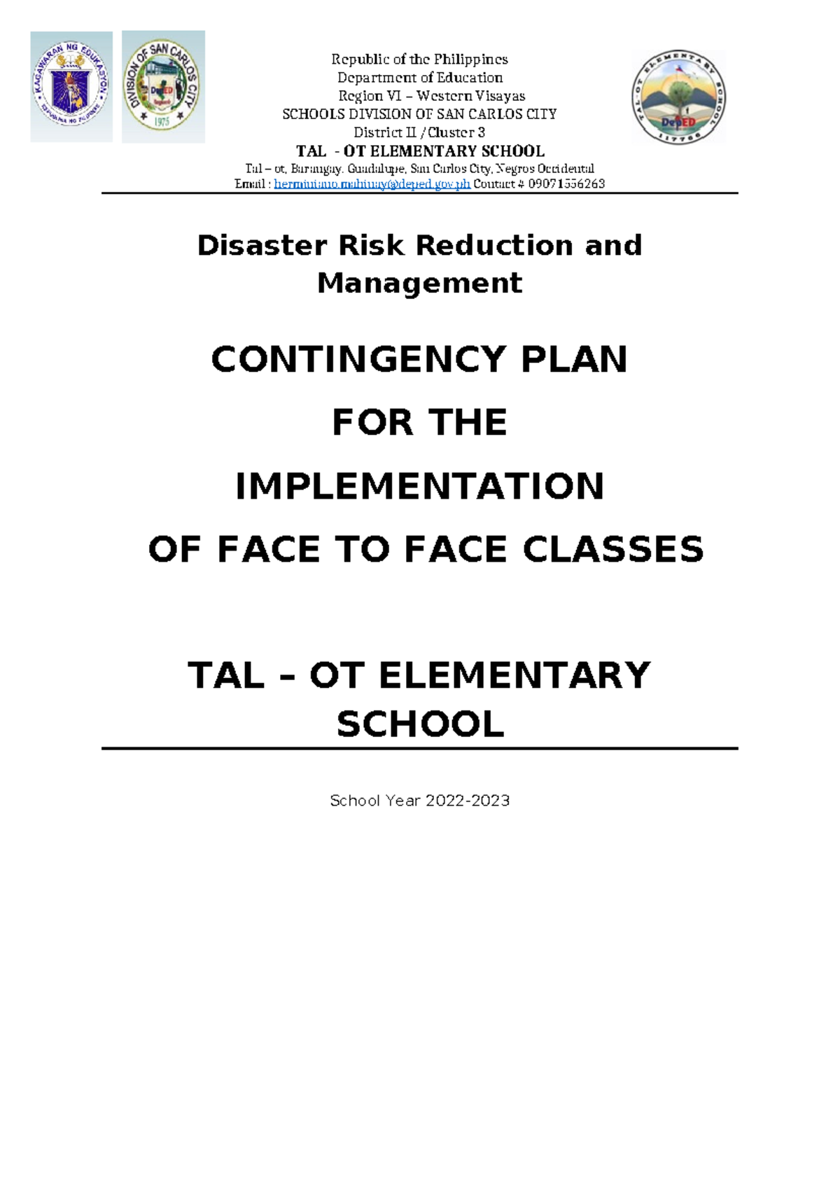 Contingency Plan template Chapter I - Department of Education Region VI ...