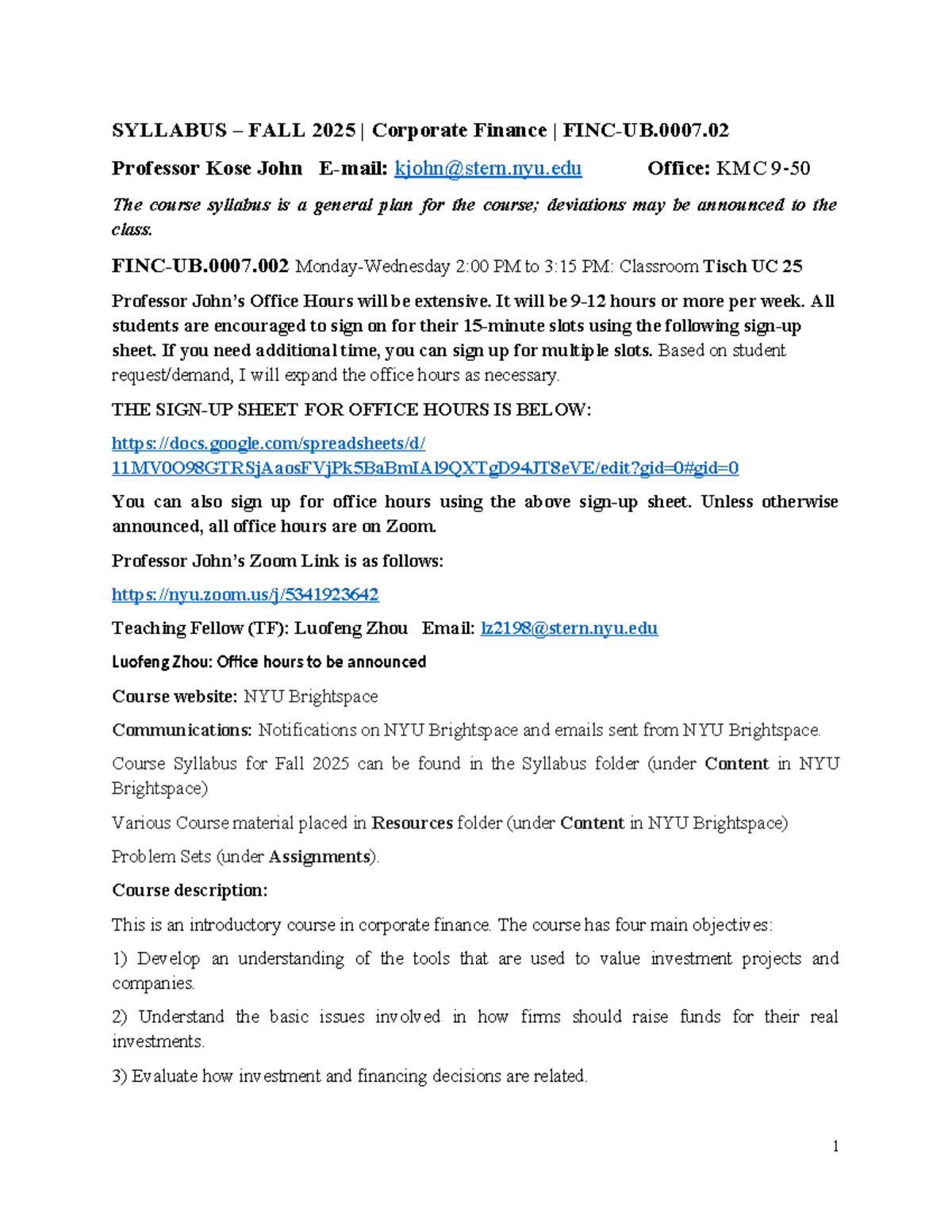 Corporate Finance Syllabus (FALL 2025) - Prof. Kose John - Studocu