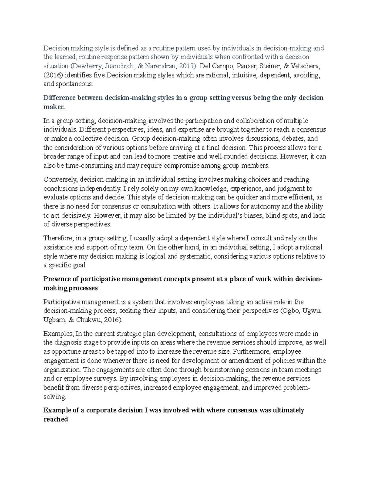 GBS750 Discussion 7 - Exploring Decision Making Styles and Consensus ...