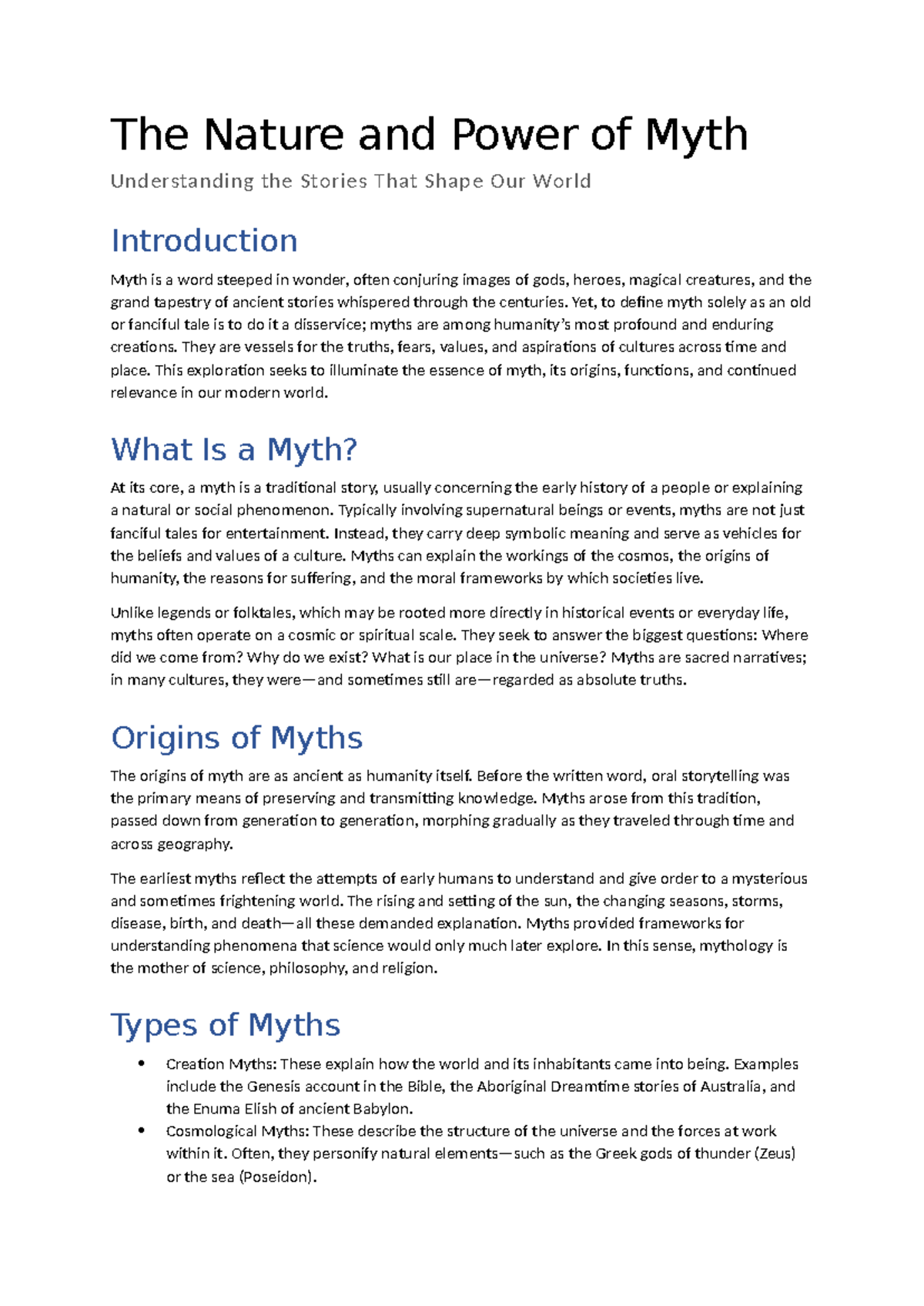 Understanding Myths: Their Nature, Functions, and Influence - Studeersnel
