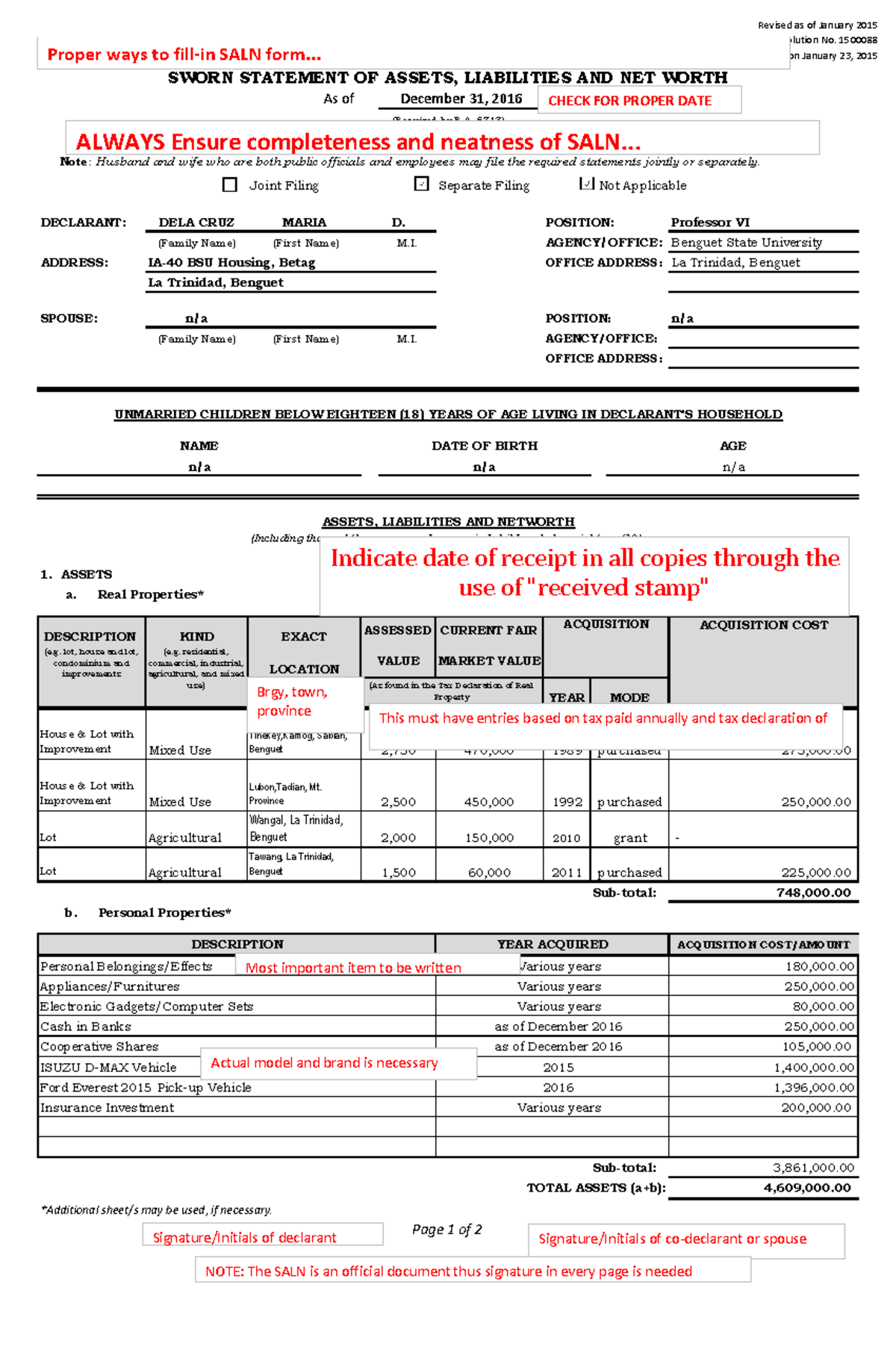 SALN Entry Guidelines 1-2 for Public Officials - 2015 Edition - Studocu