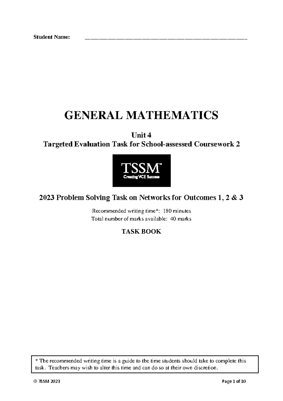 General Maths 2023 Unit 4 TET 2: Problem Solving on Networks - Studocu