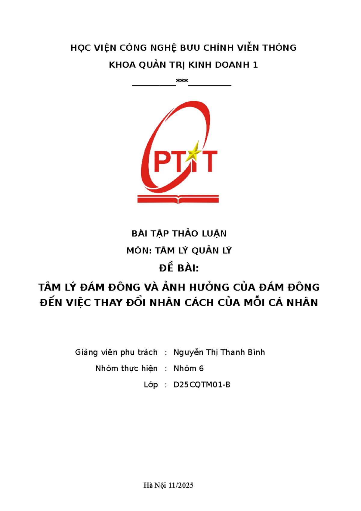 Bài Tập Thảo Luận: Tâm Lý Đám Đông & Ảnh Hưởng Đến Nhân Cách - Nhóm 6 - Document Preview