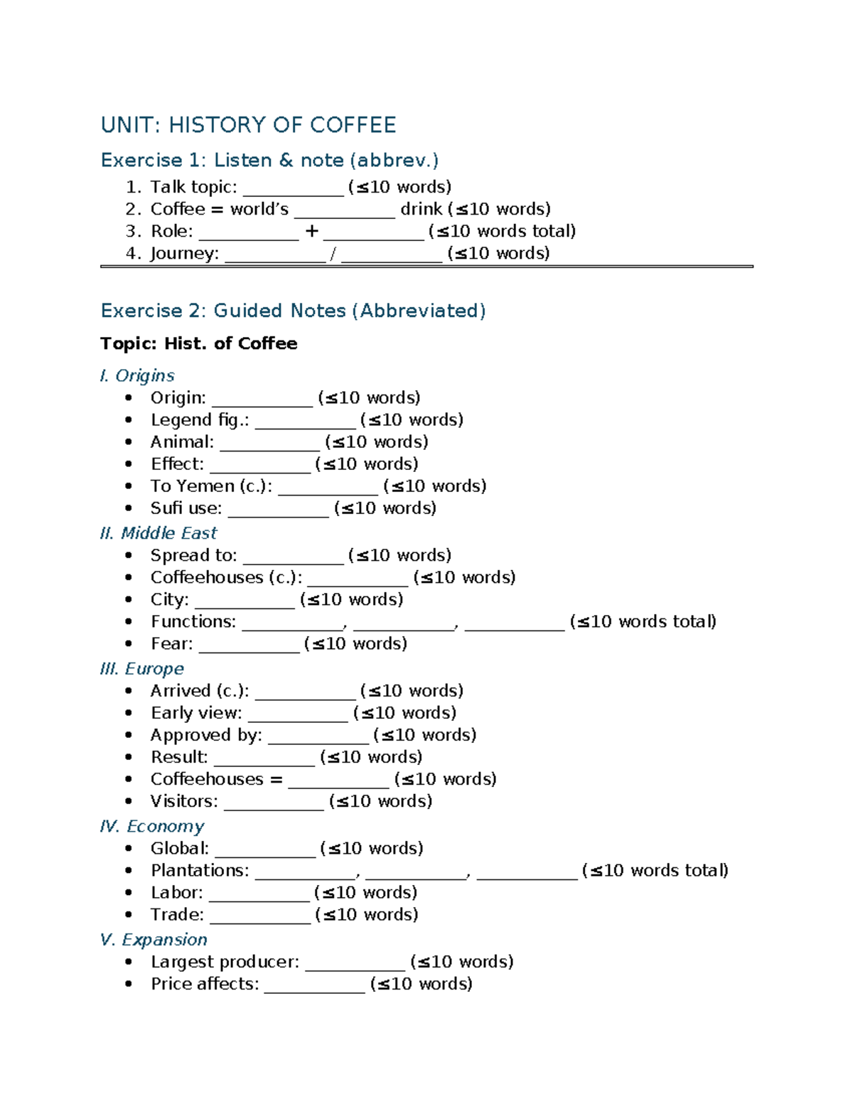 HIST 101: Note-taking Worksheet on the History of Coffee - Studocu