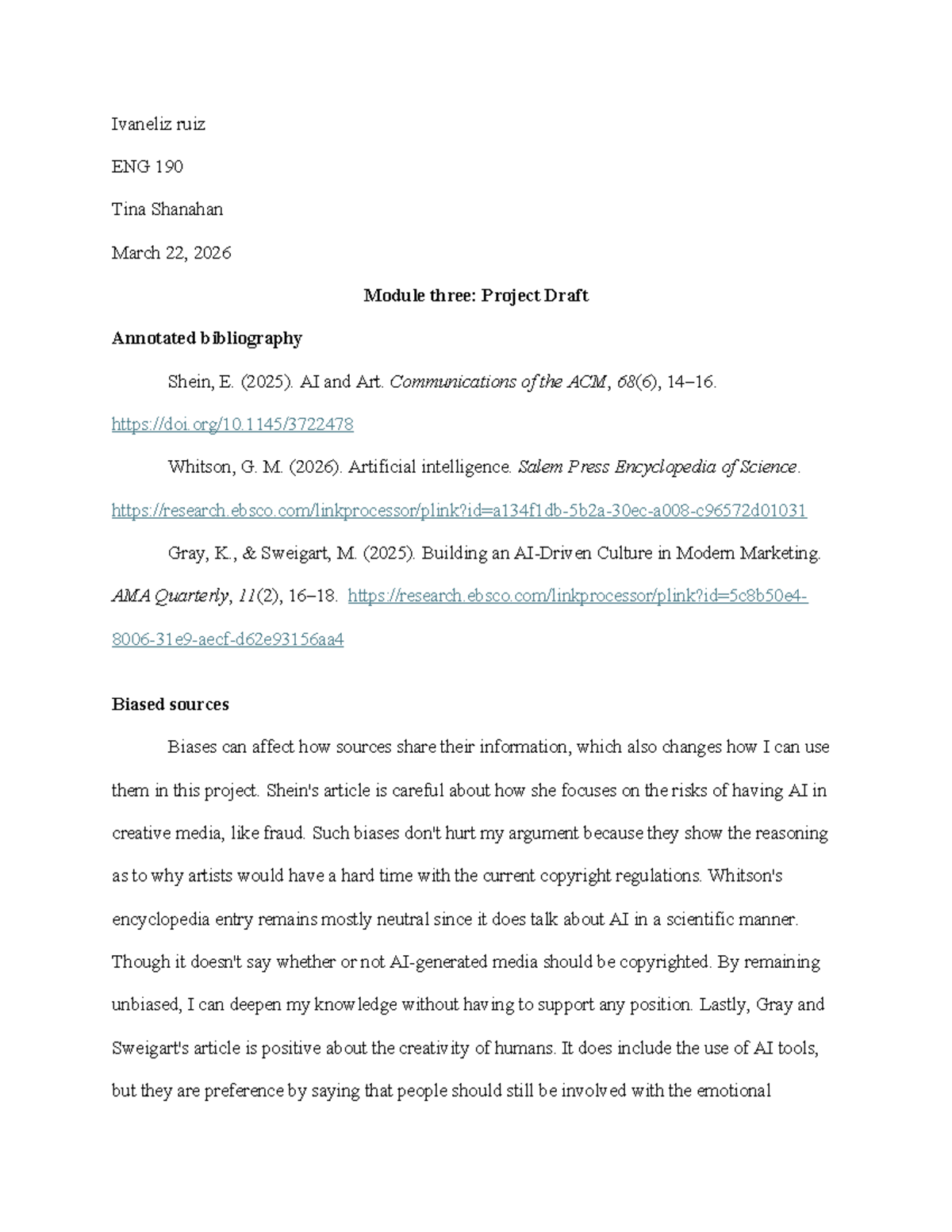 ENG 190 Module 3: Project Draft Annotated Bibliography on AI and Art ...
