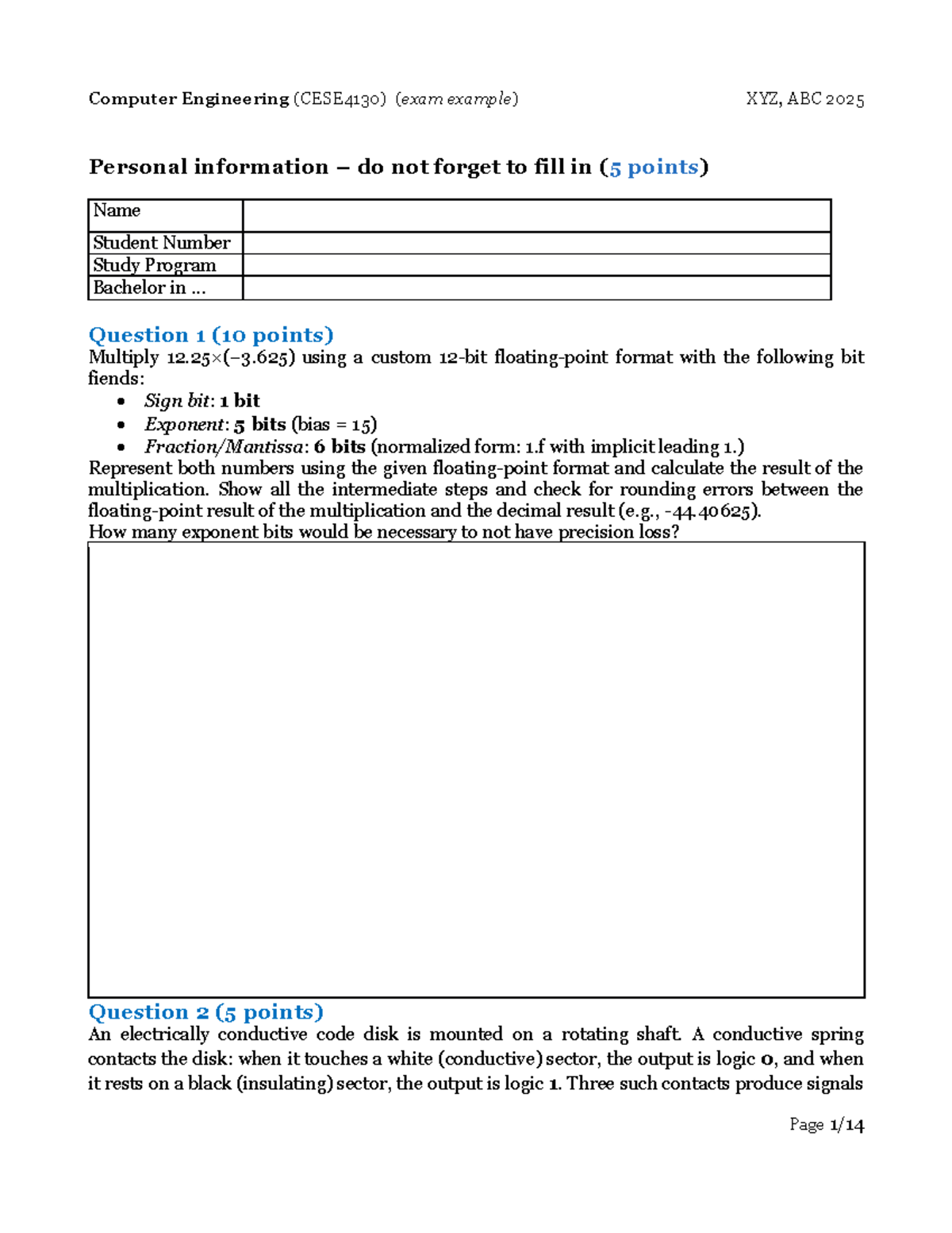 Computer Engineering (CESE4130) Example Exam Questions - Studeersnel