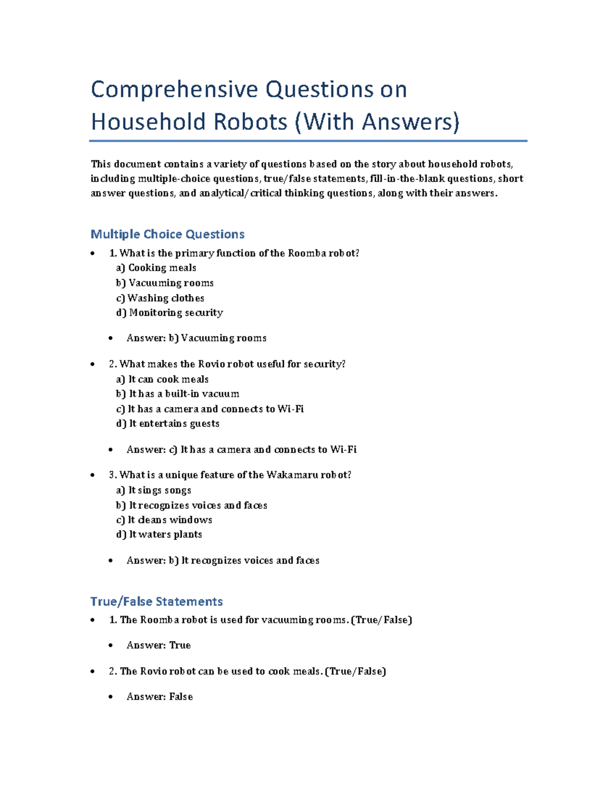 Household Robots Quiz: Comprehensive Q&A with Answers - Studocu