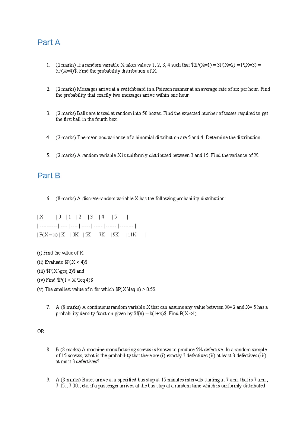 Probability Distribution and Random Variables - Exam Questions (STAT ...