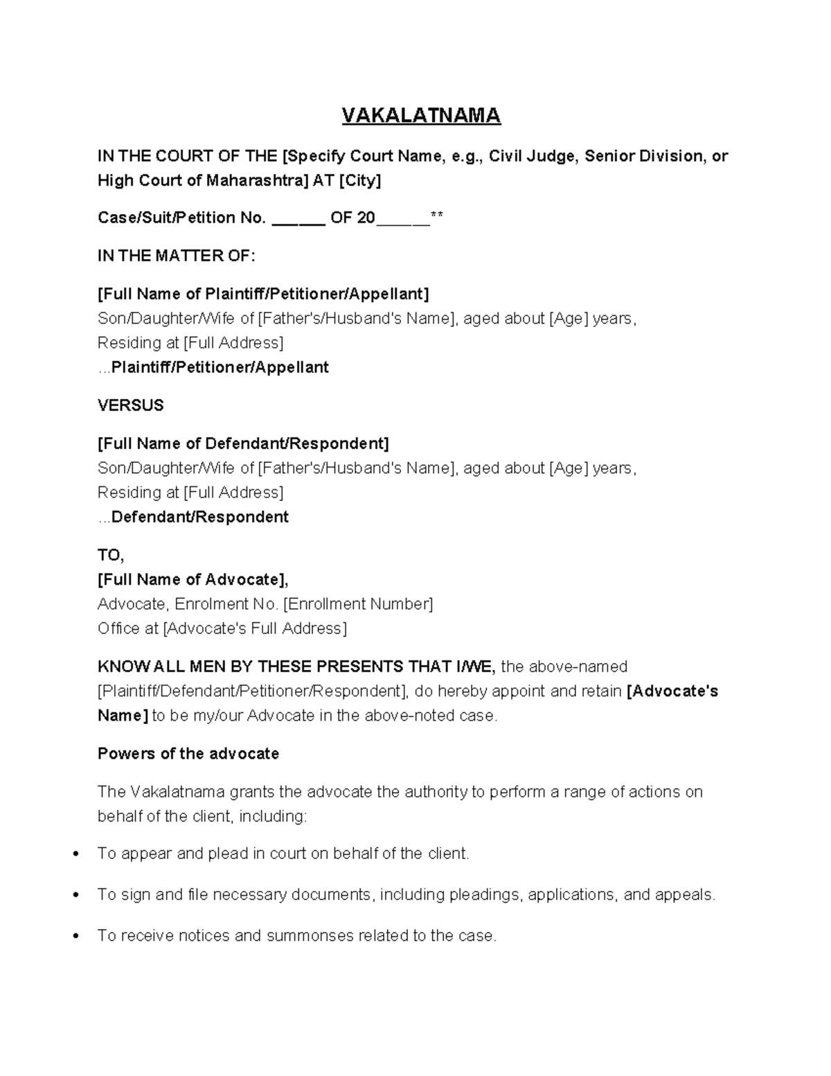 Vakalatnama Draft for Court Proceedings - Drafting & Pleading - Studocu