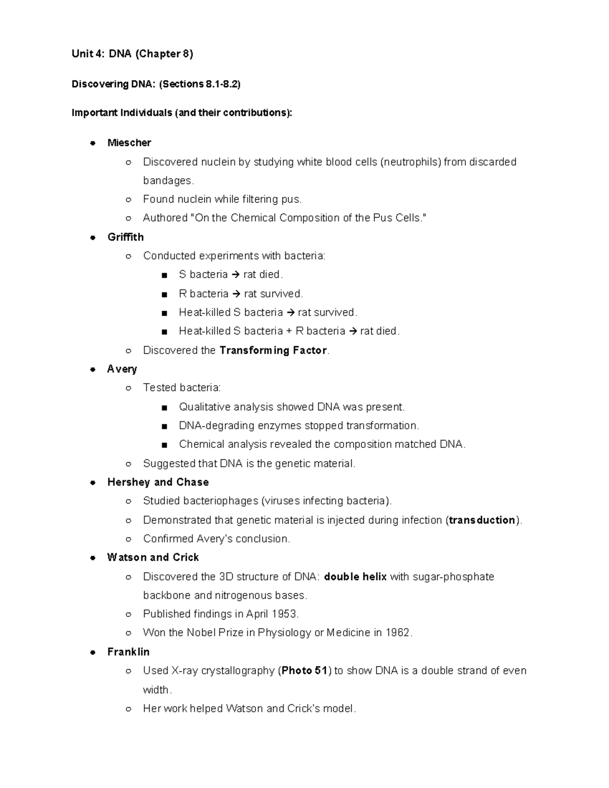 Biology Unit 4 Study Notes - Unit 4: DNA (Chapter 8) Discovering DNA ...