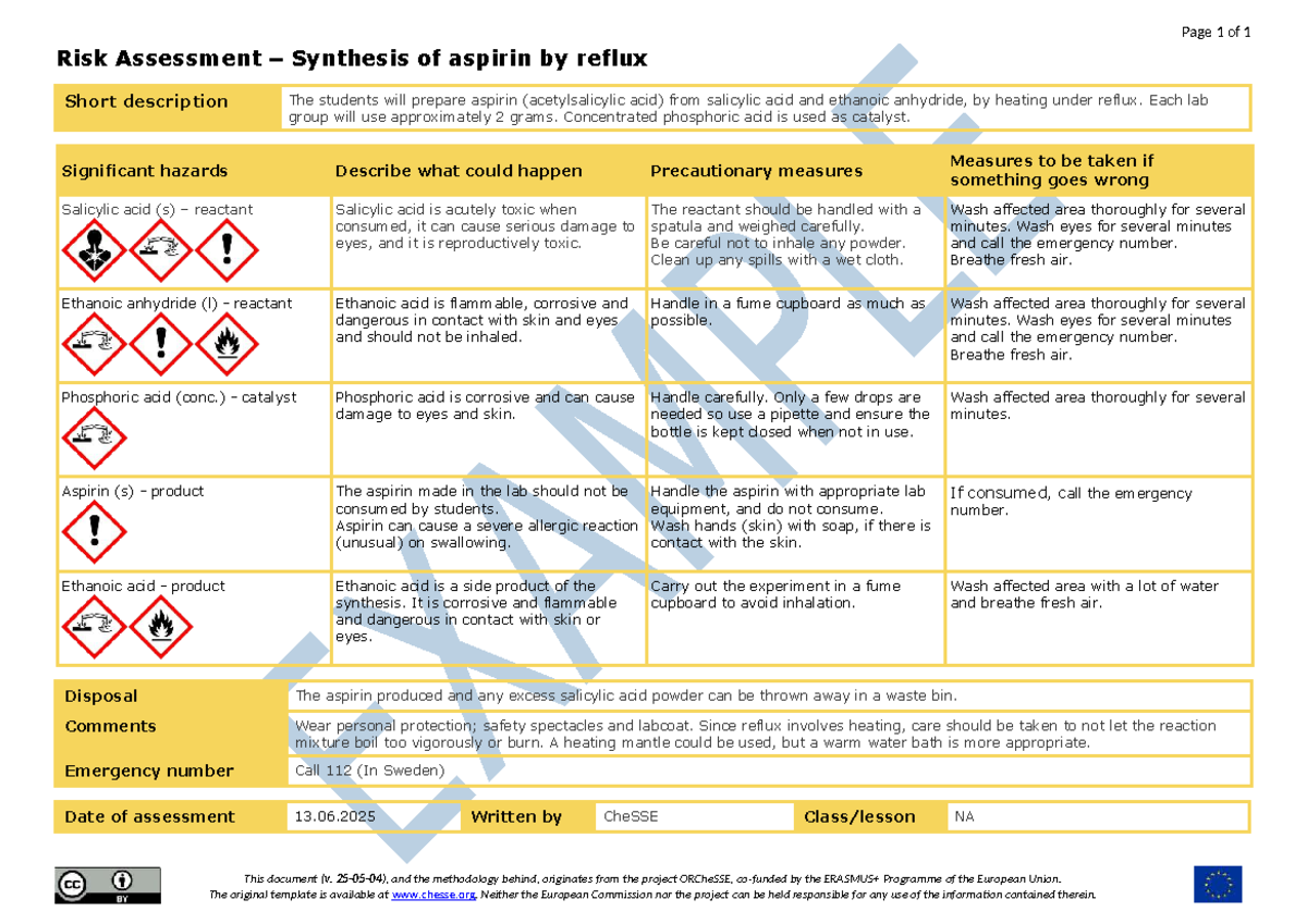 Risk Assessment: Synthesis of Aspirin (Acetylsalicylic Acid) - Studocu