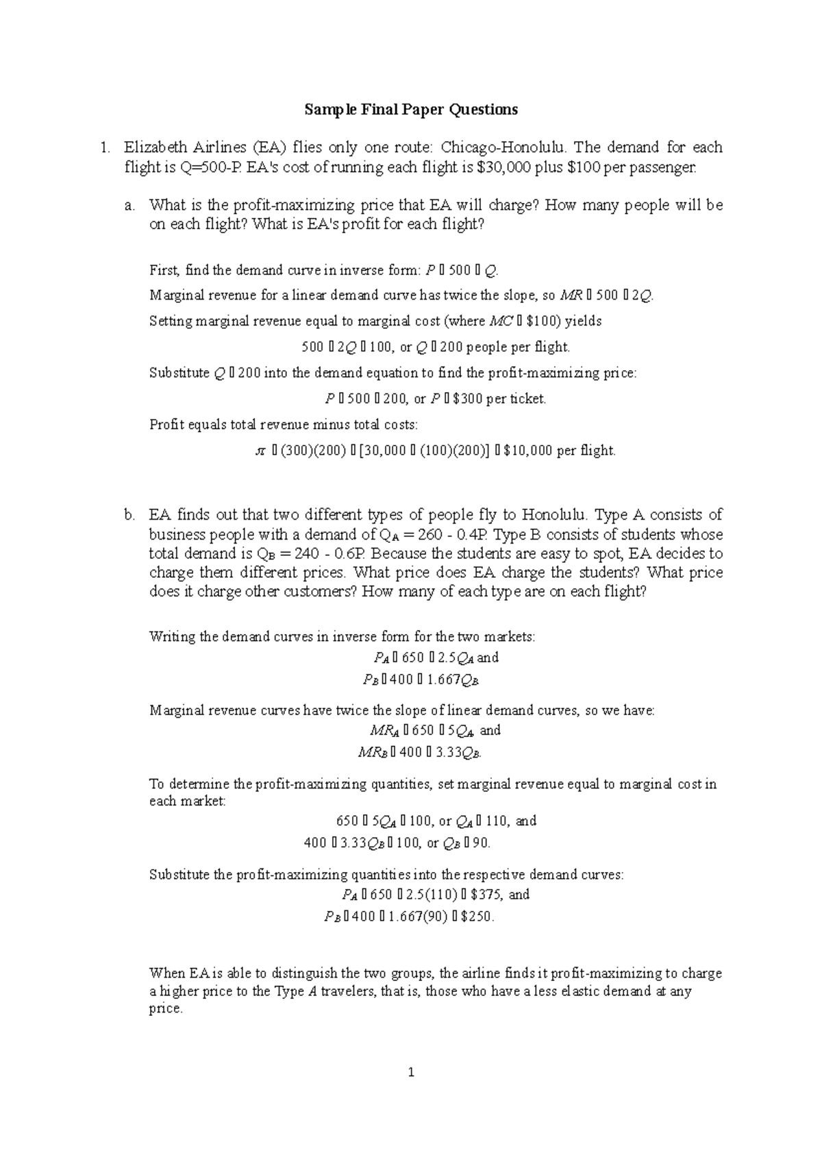 Sample Final Exam Questions & Answers for Economics (ECO 101) - Studocu