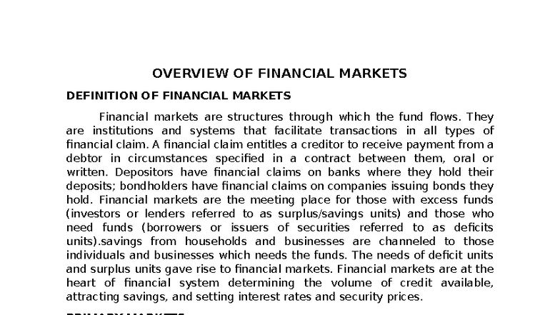 Overview of Financial Markets: Definitions & Classifications - Studocu
