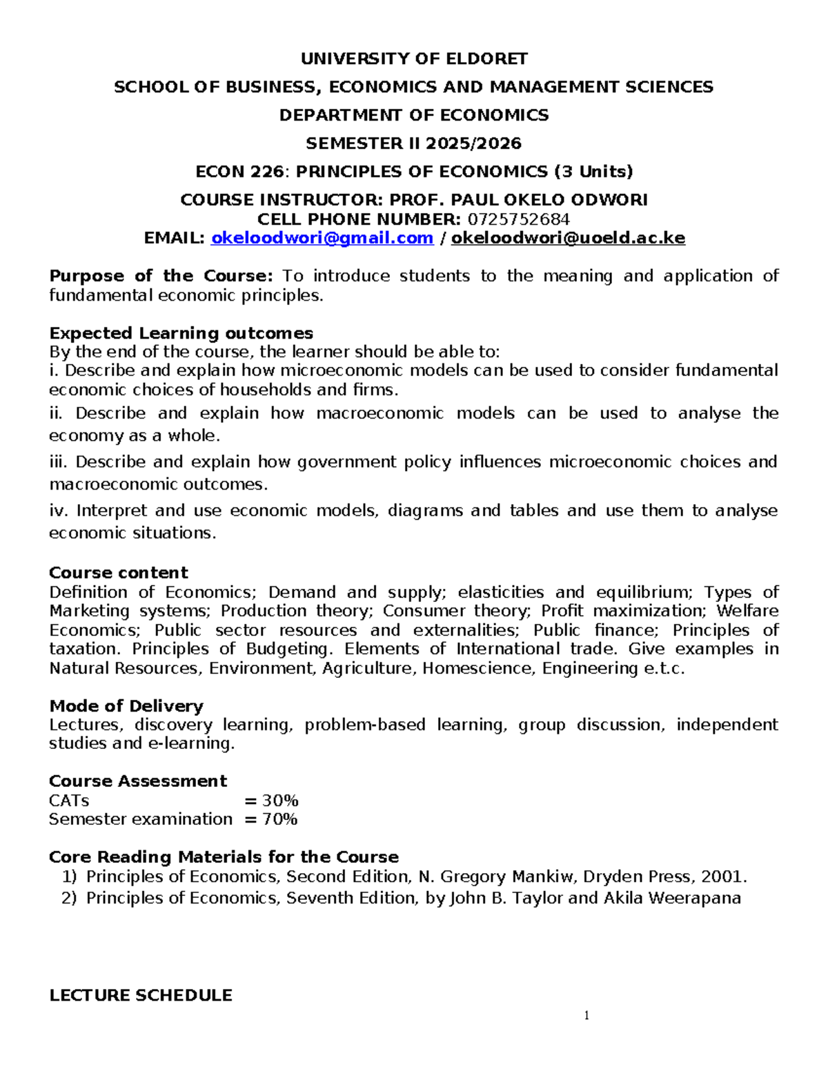 ECON 226: Revision Notes for Principles of Economics (Semester II ...