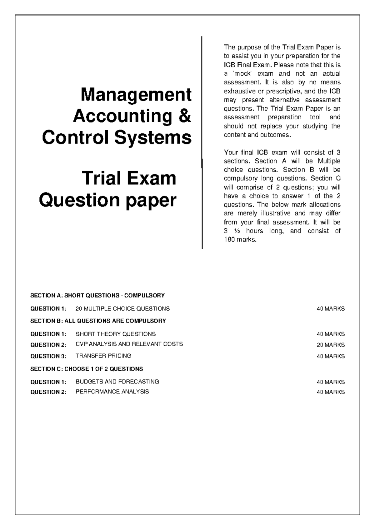 MACS Trial Exam Questions for Management Accounting Control Systems ...