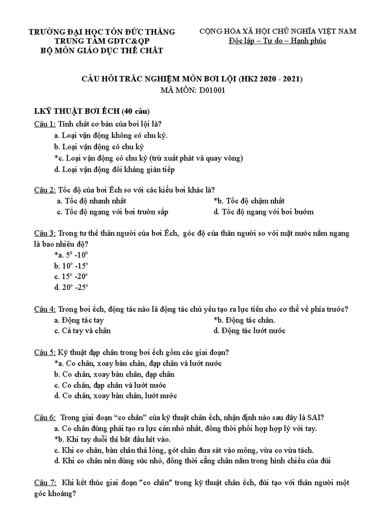 Ngân hàng câu hỏi Trắc nghiệm Bơi Lội 40 câu - TRƯỜNG ĐẠI HỌC TÔN ĐỨC THẮNG TRUNG TÂM GDTC&QP BỘ - Studocu
