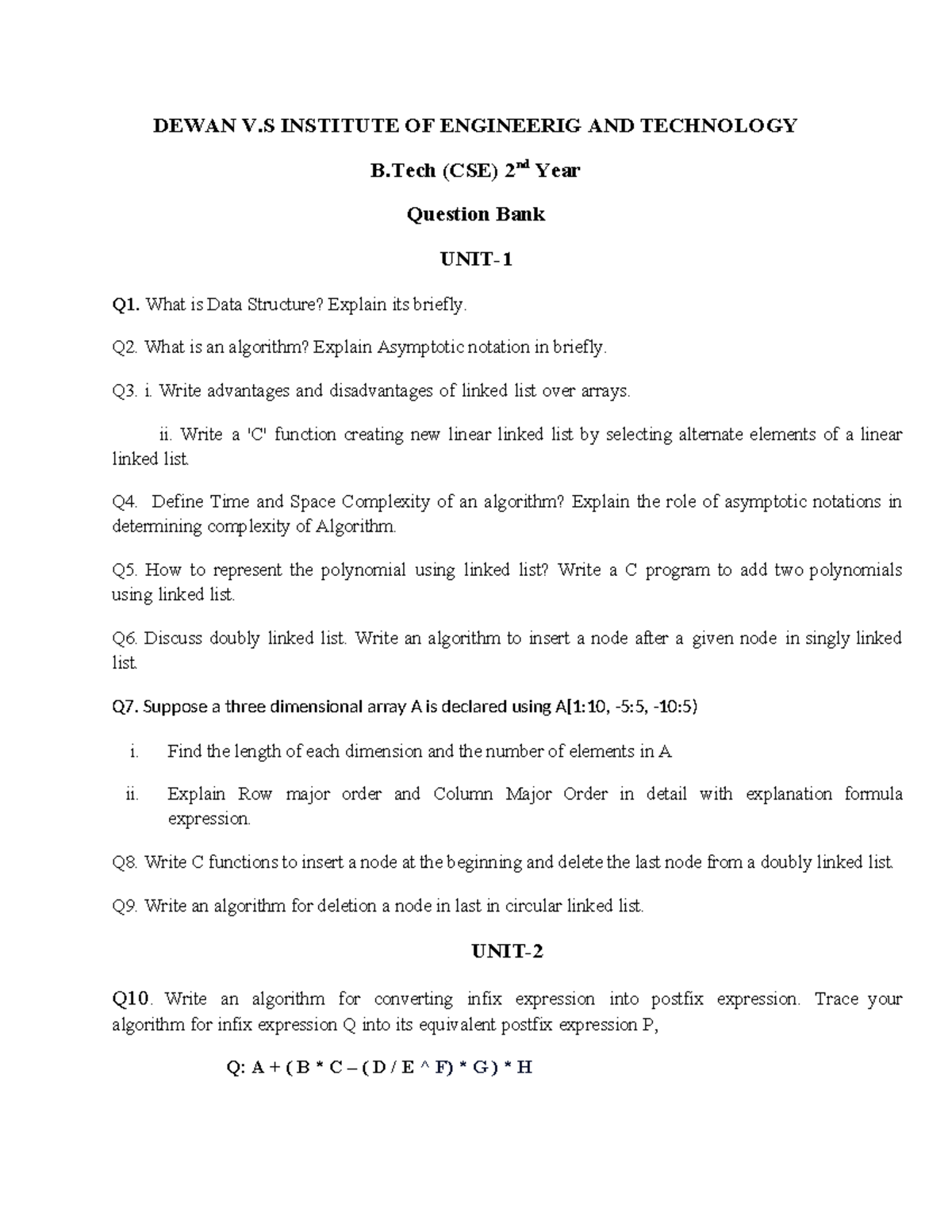 DSUC CSE 2 Year Question Bank on Data Structures and Algorithms - Studocu