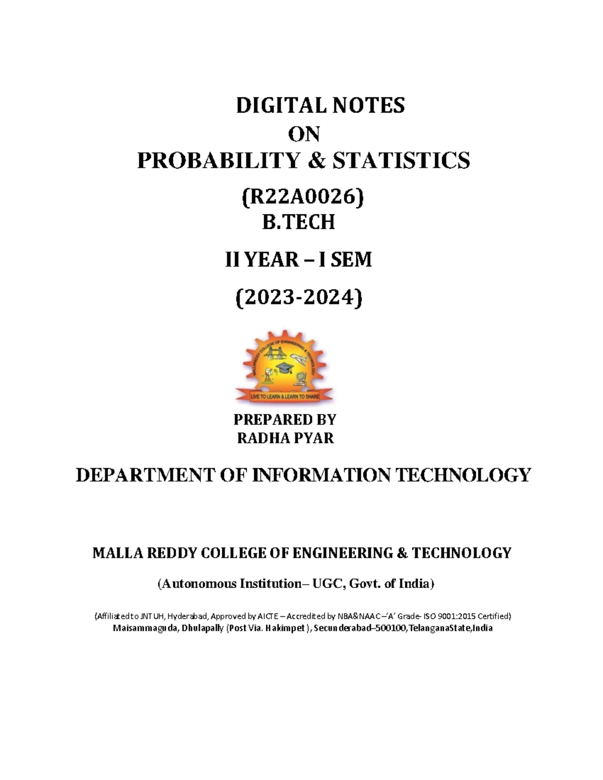 Artificial Intelligence Lecture Notes (R20A0513) - B.Tech III Year ...