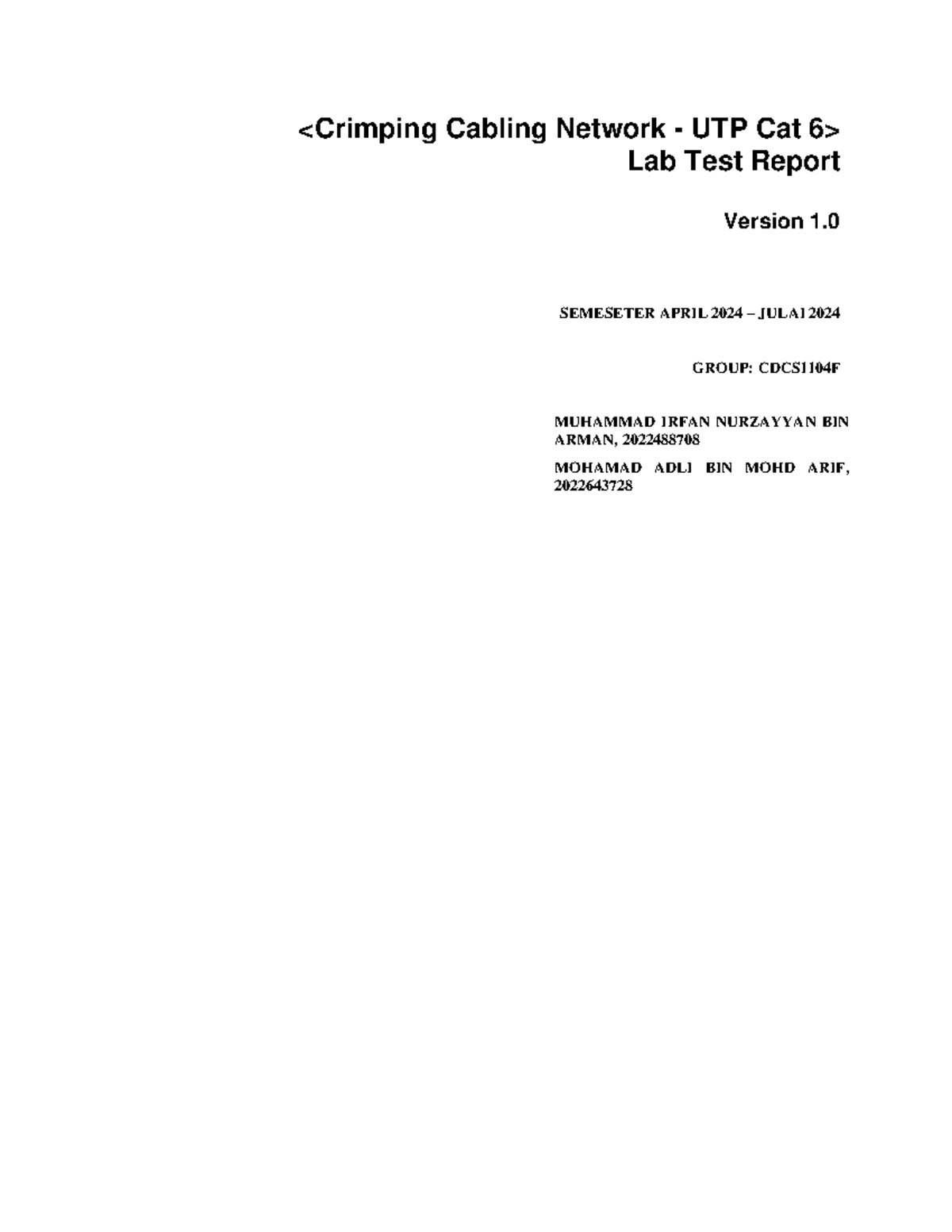 Lab Test Report on UTP Cat Cable Network Crimping ITT300 - Studocu