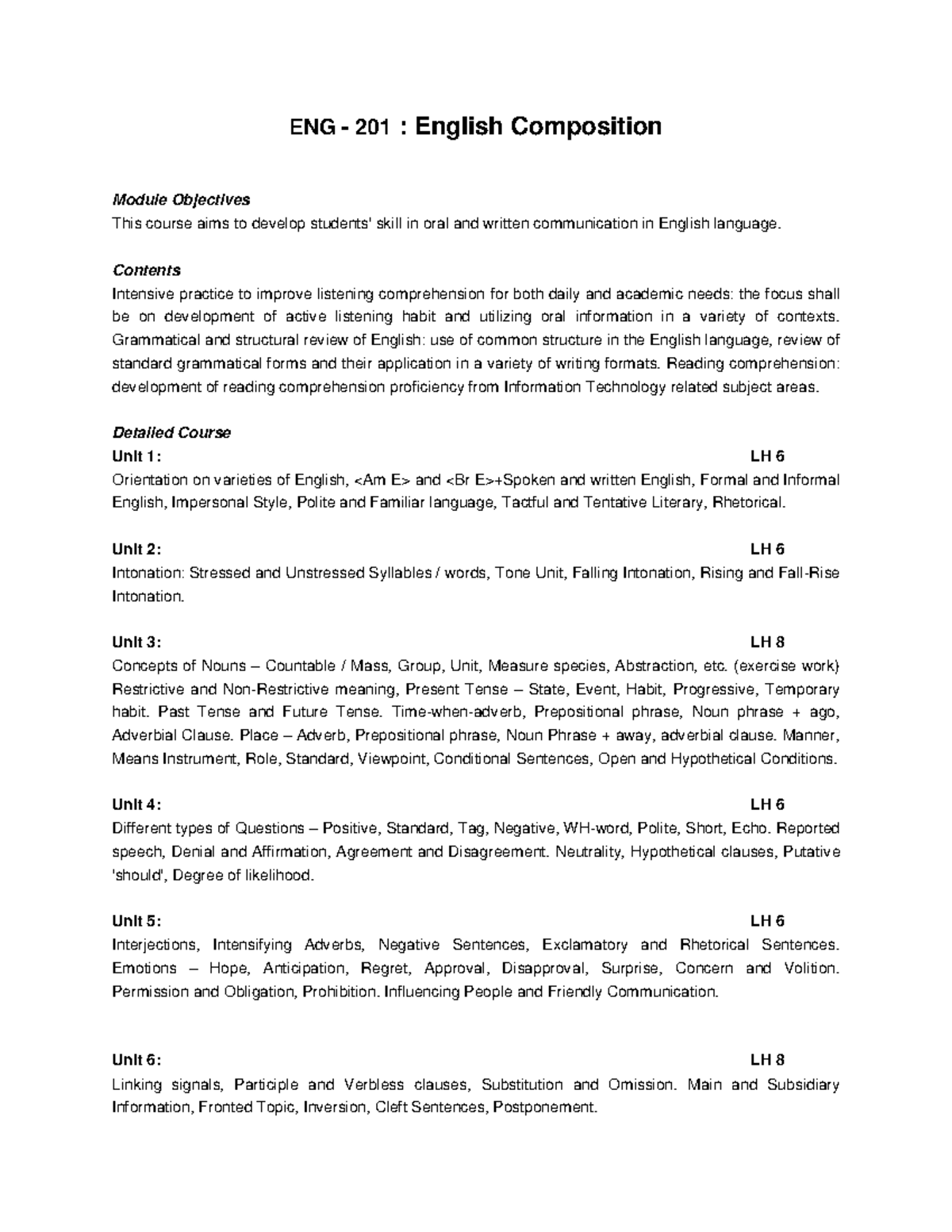 ENG 201: English Composition Syllabus - 1st Semester Overview - Studocu