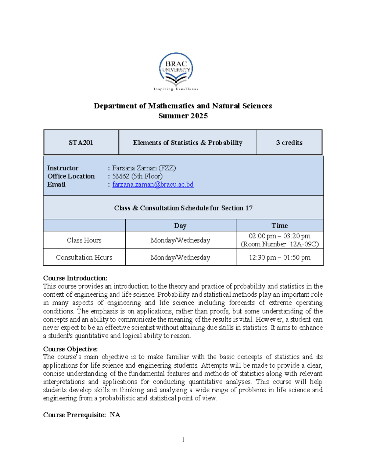 STA201 Summer 2025 Course Outline: Elements of Statistics & Probability ...