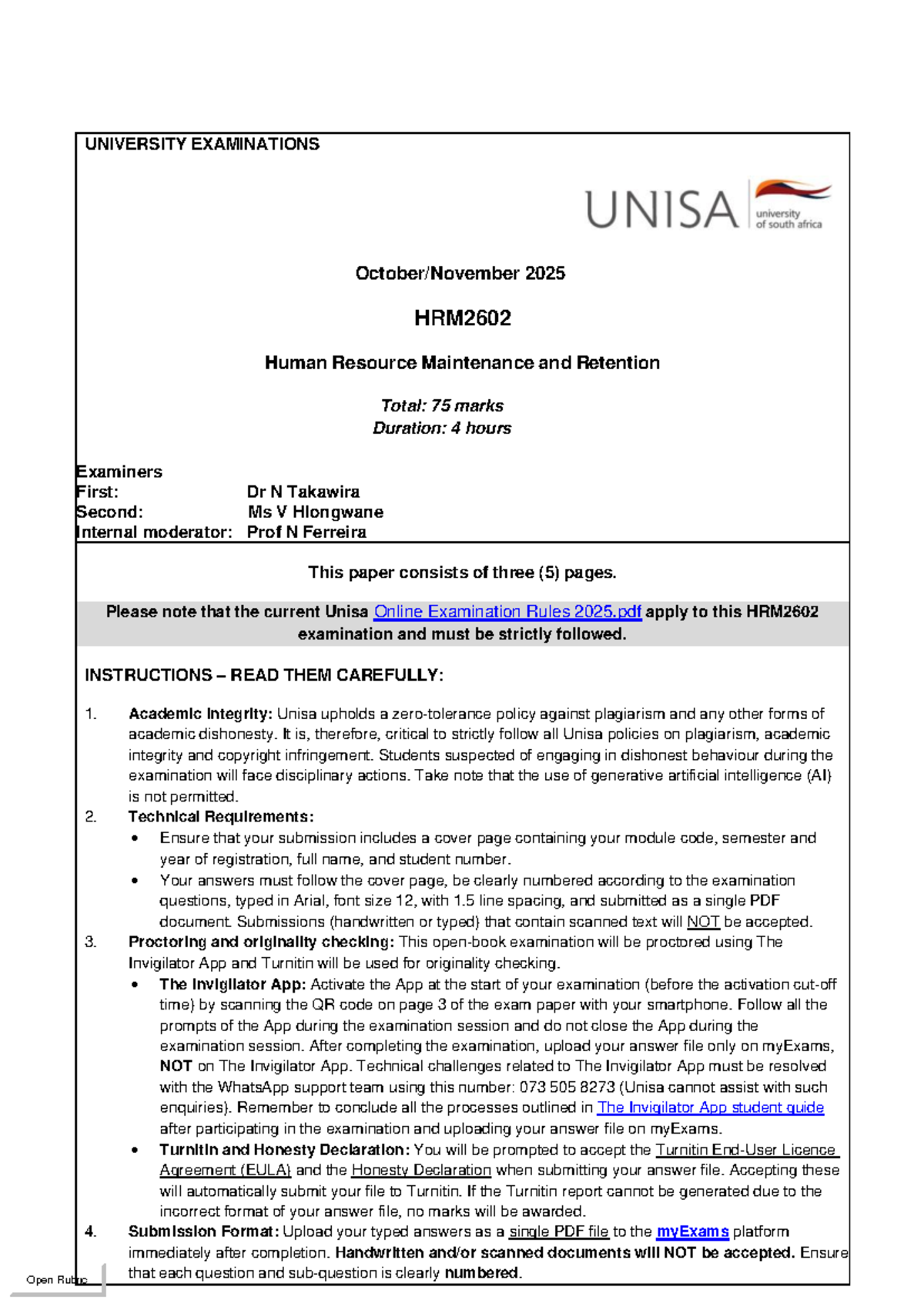 HRM2602 2025 Final Exam Paper: Human Resource Maintenance & Retention ...