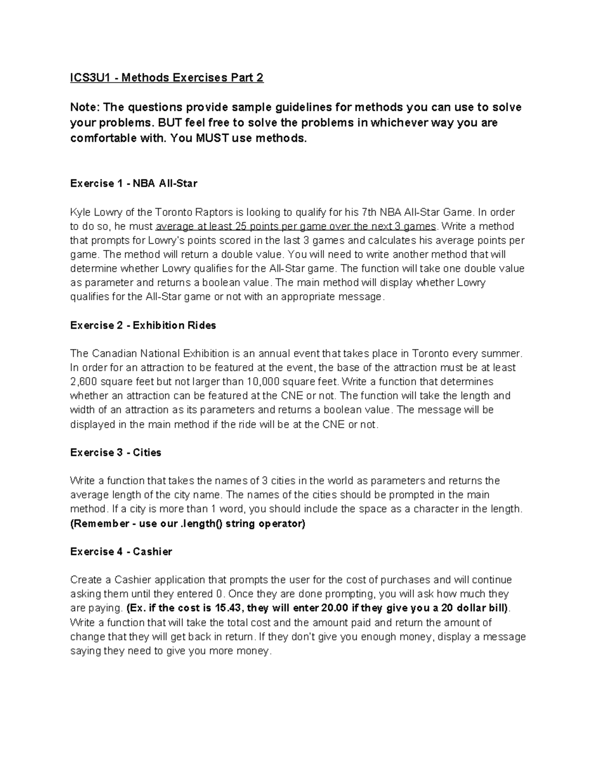 ICS3U1 - Methods Exercises Part 2: Problem Solving Techniques - Studocu