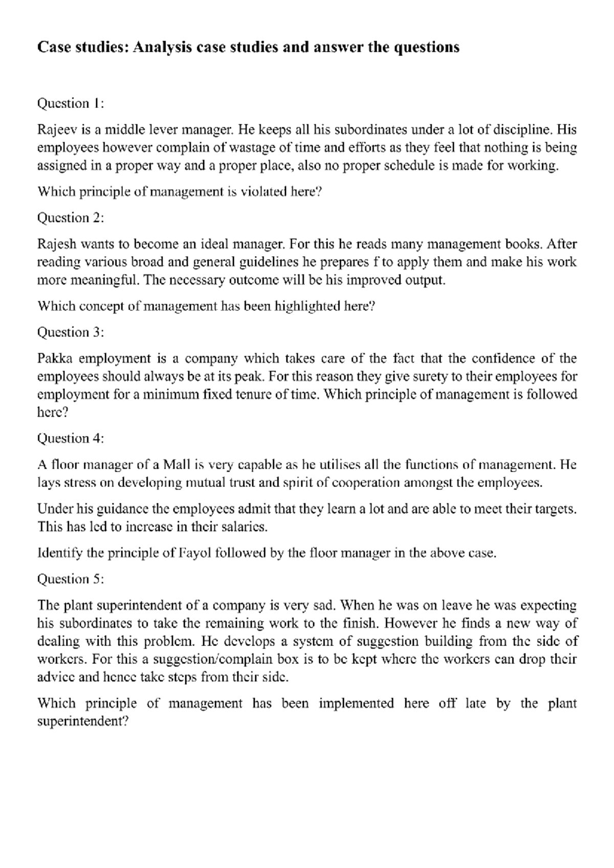 Case Studies in Management Principles: Analysis & Answers to Questions ...