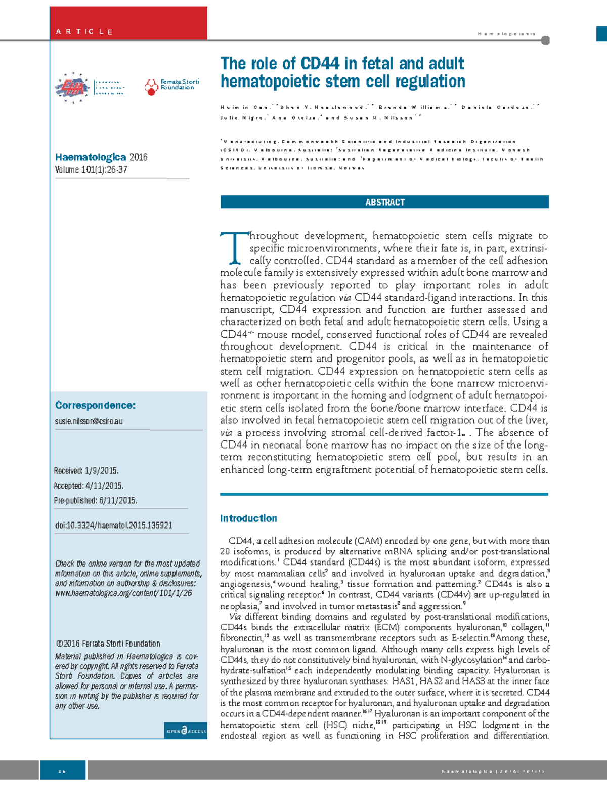 The Role of CD44 in Fetal and Adult Hematopoietic Stem Cell Regulation ...