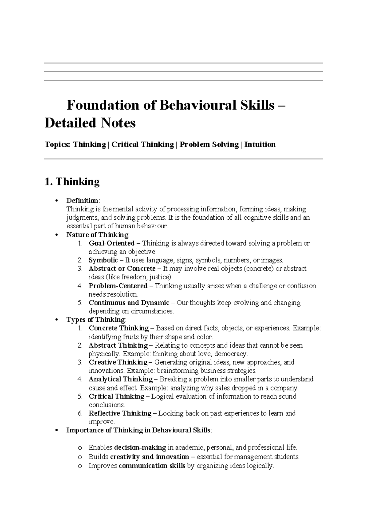 FBS Module 3: Detailed Notes on Thinking & Problem Solving - Studocu