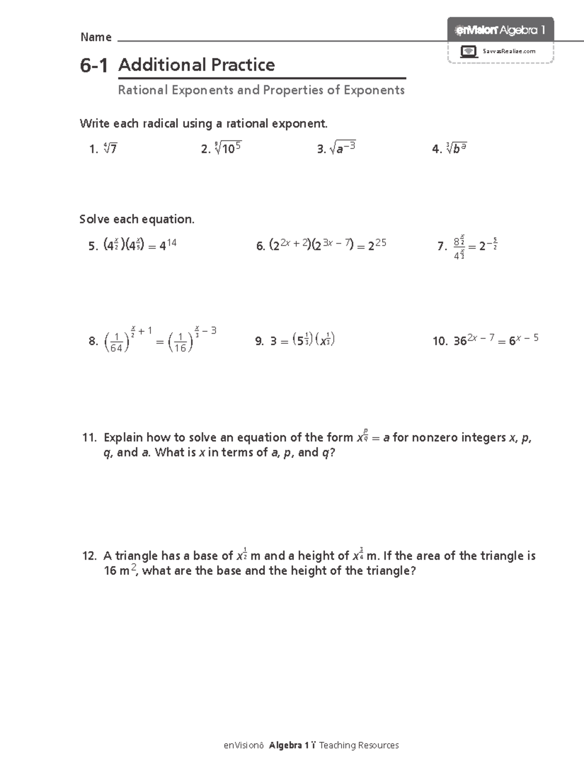 Algebra 1: Additional Practice on Rational Exponents & Properties - Studocu