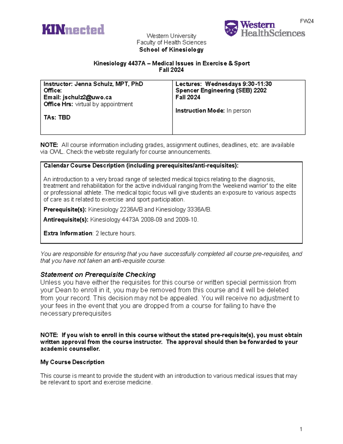 KIN4437A - Medical Issues in Exercise Sport Syllabus Fall 2024 - Studocu