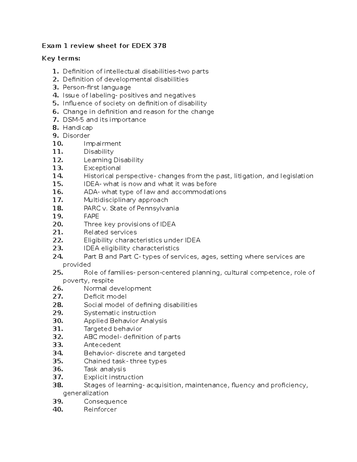 EDEX 378 Exam 1 Review Sheet: Key Concepts on Disabilities & Services ...