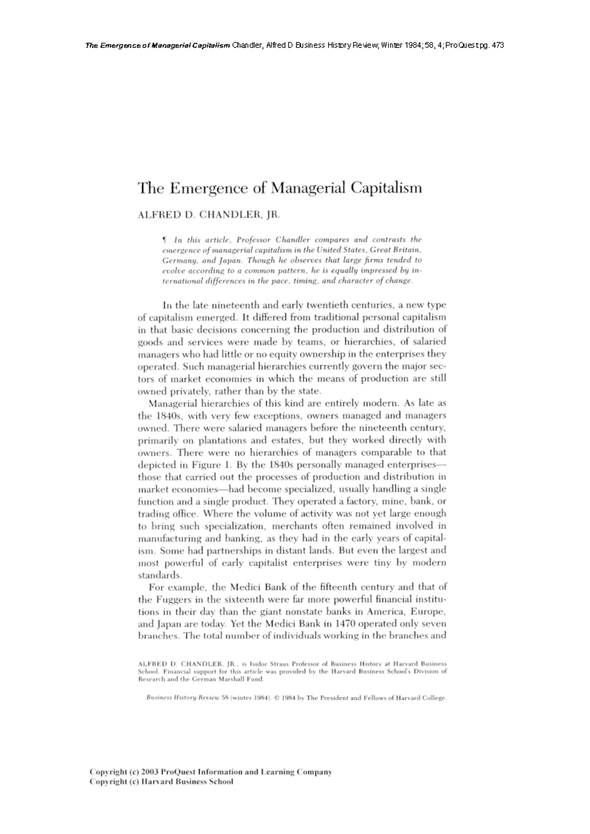 The Emergence of Manageral Capitalism - História e Iniciativas