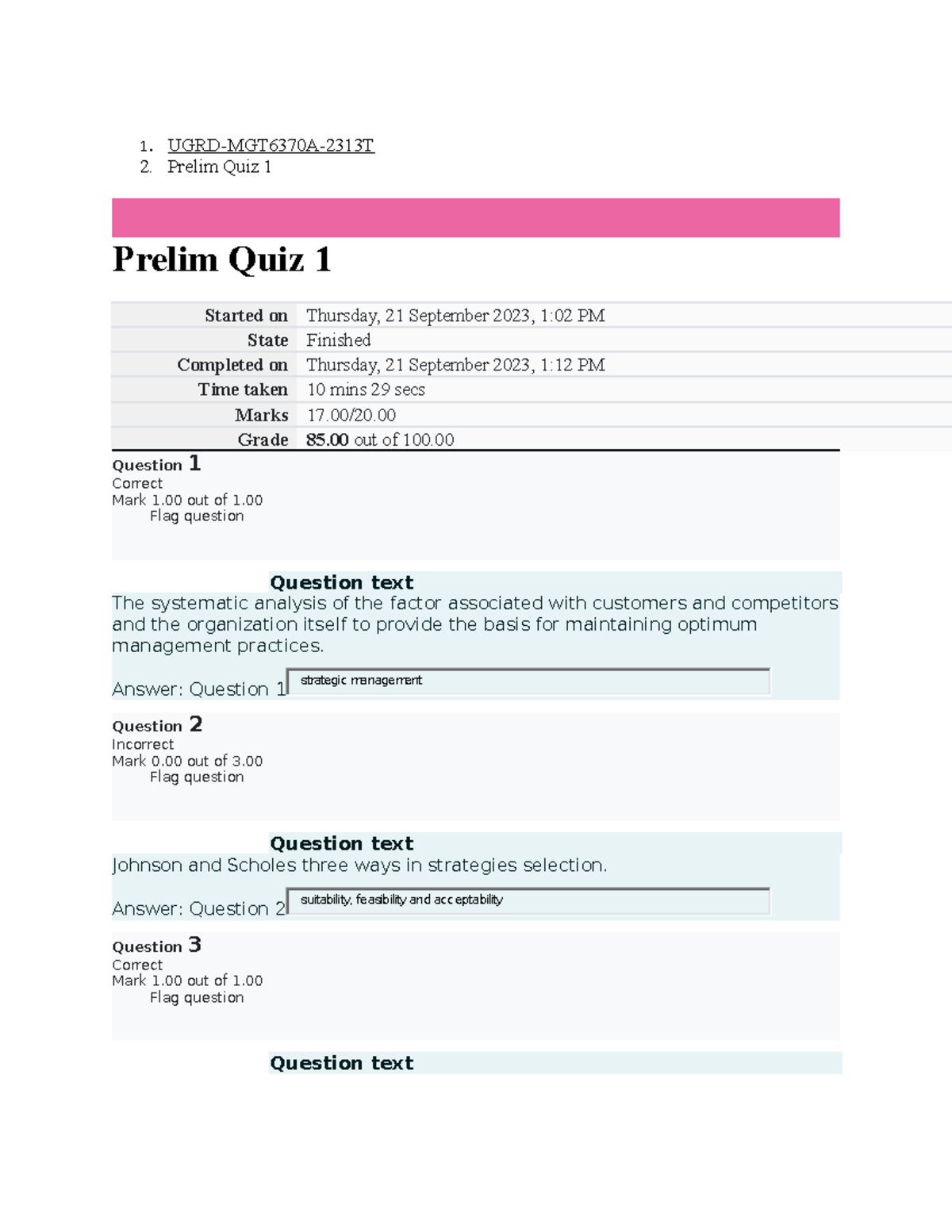 UGRD-MGT6370A Strategic Management Prelim Quiz Notes 2023 - Studocu