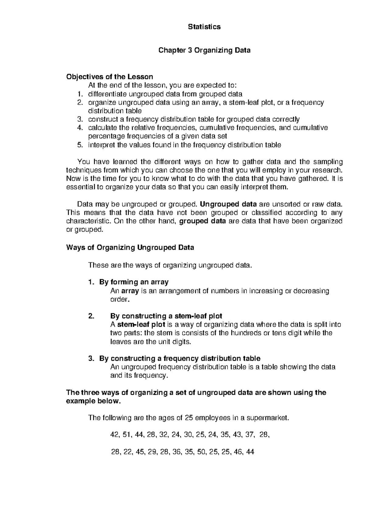 Statistics 3: Organizing Data - Lesson Objectives and Methods - Studocu