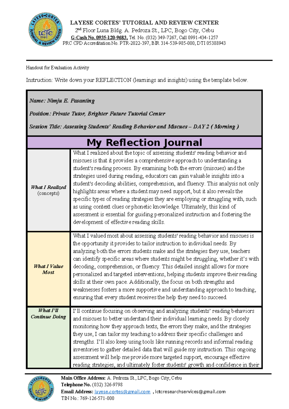 Reflection Journal on Assessing Reading Behavior and Miscues - DAY 2 ...