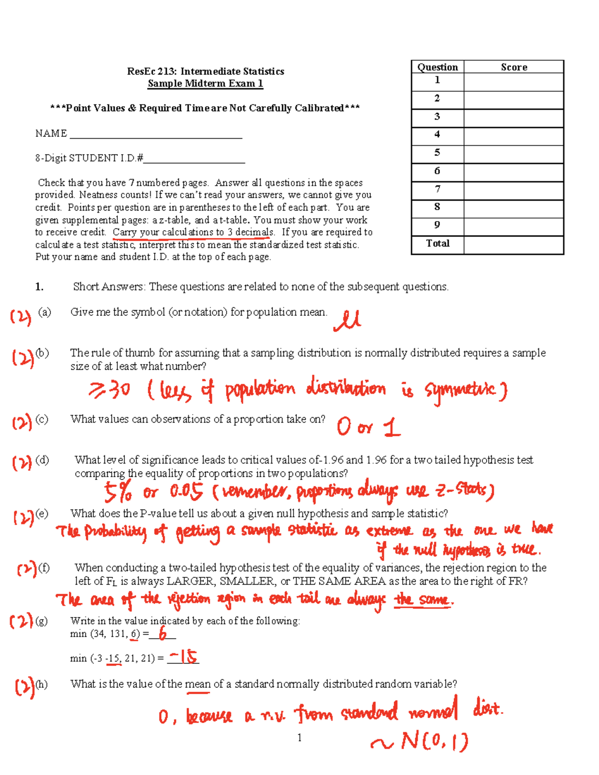 Midterm Exam 1 Solutions for ResEc 213: Intermediate Statistics - Studocu