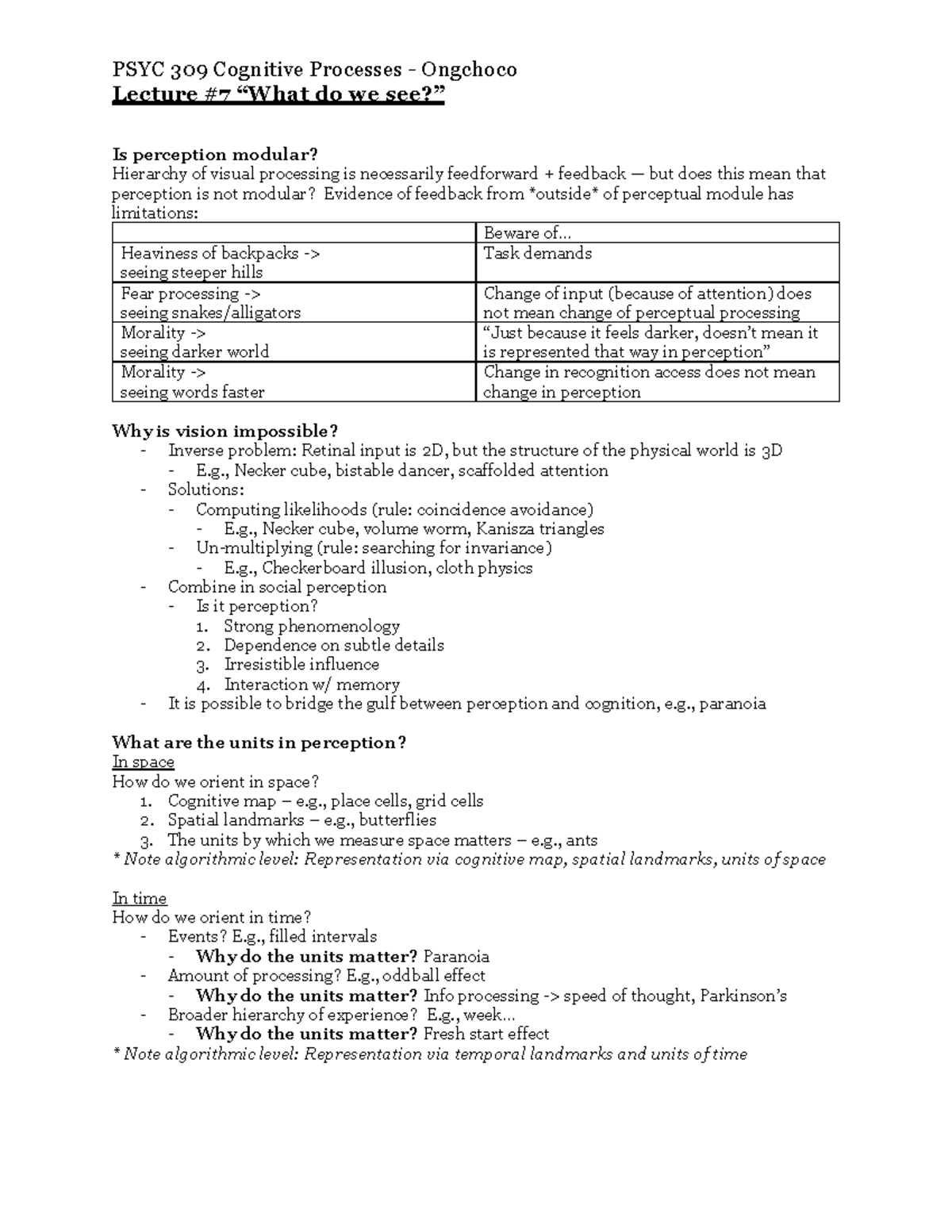 PSYC 309 Cognitive Processes: Lecture on Perception and Cognition - Studocu