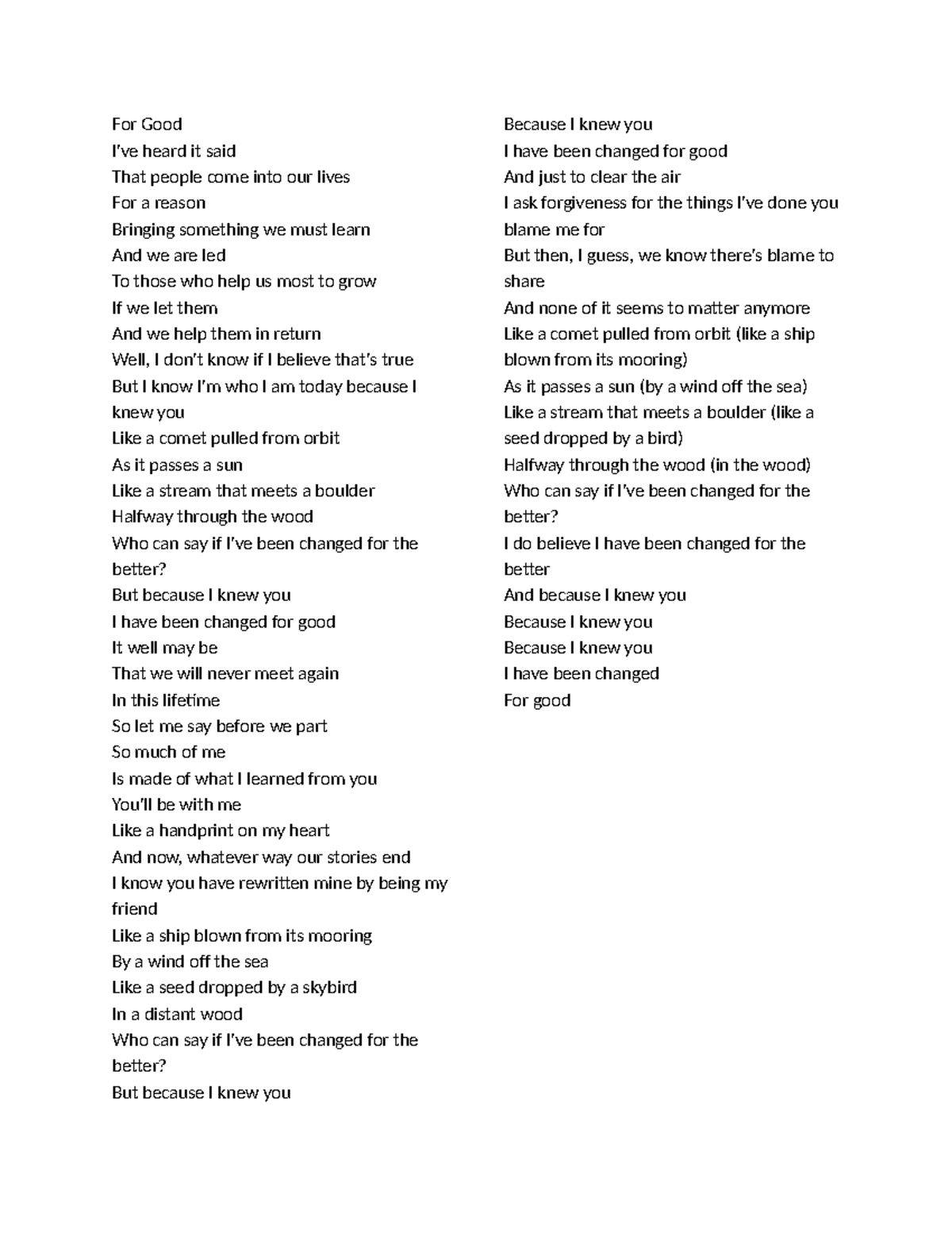 For Good - Lyrics Analysis and Reflection - Studocu